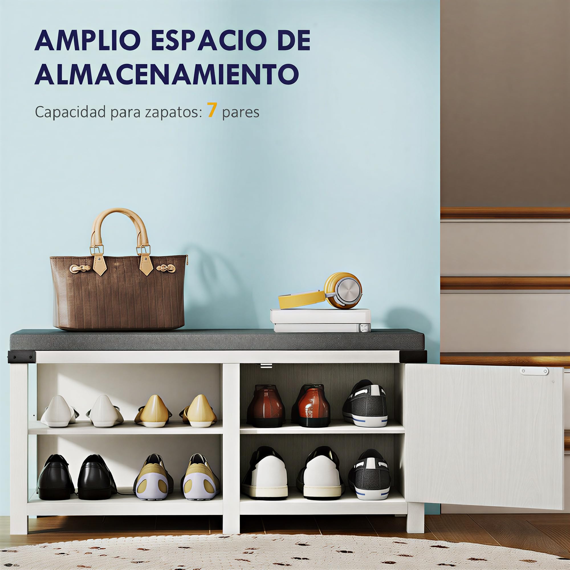 HOMCOM Banco Zapatero Rústico con Asiento Organizador de Zapatos con Compartimentos para 7 Pares Cojín para Entrada Salón Dormitorio 100x40x48 cm Blanco Grisáceo y Gris