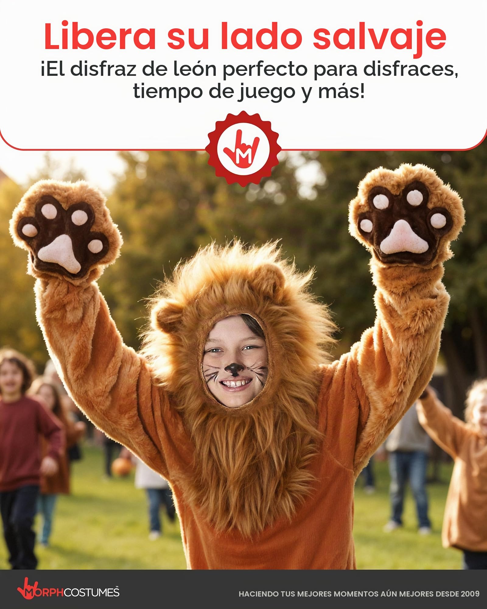 Morph Disfraz León Infantil Mono Suave Capucha Melena Orejas Cola Desmontable Animal Marrón Tallas T2 S M L XL