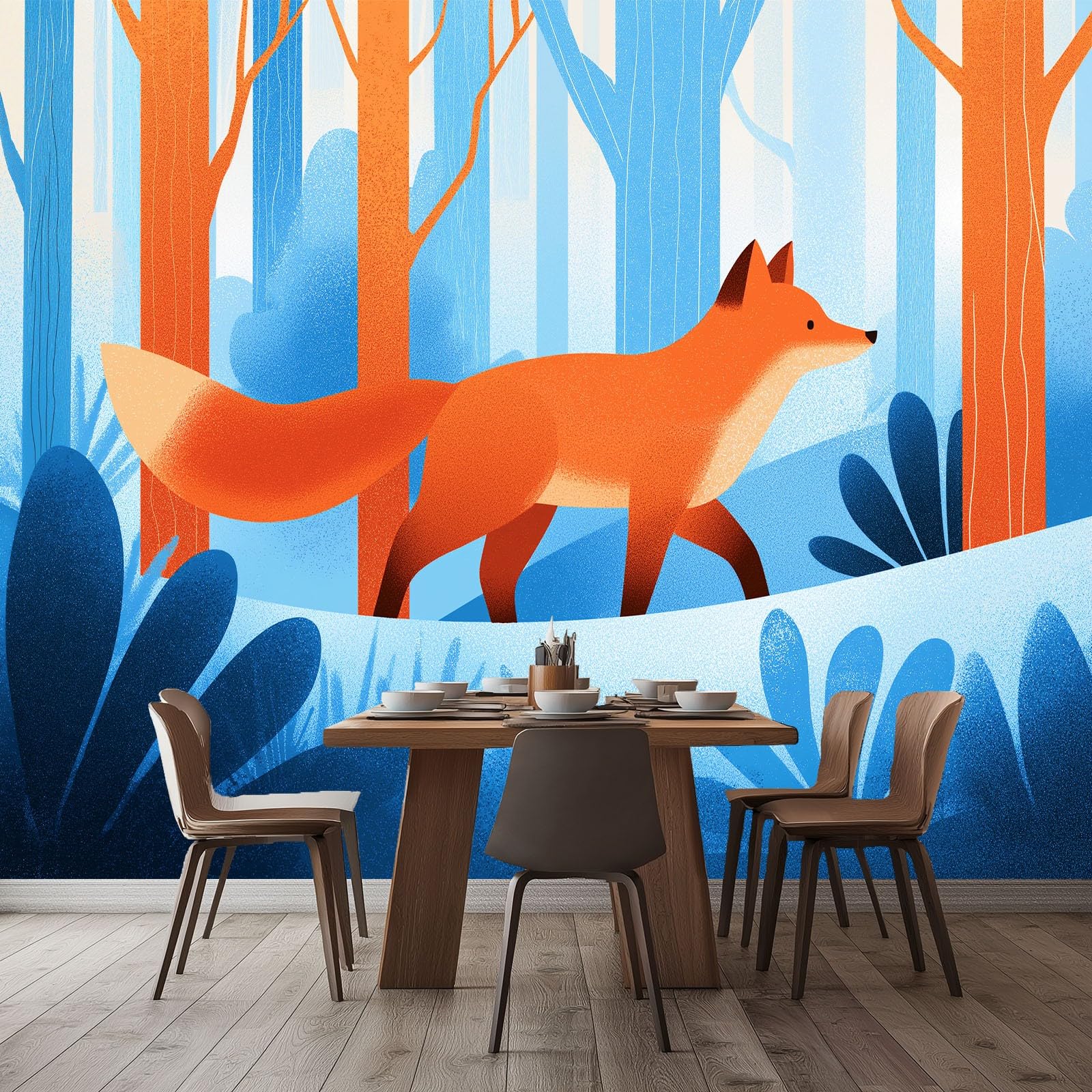 Animaux De Bande Dessinée Renard De La Forêt Murale Photo Papier Peint 350 x 256 cm Intissé Tableaux Poster Mural Tapisserie, Bleu Papier Peint Panoramique Salon Maison Décorative Tenture Appartement
