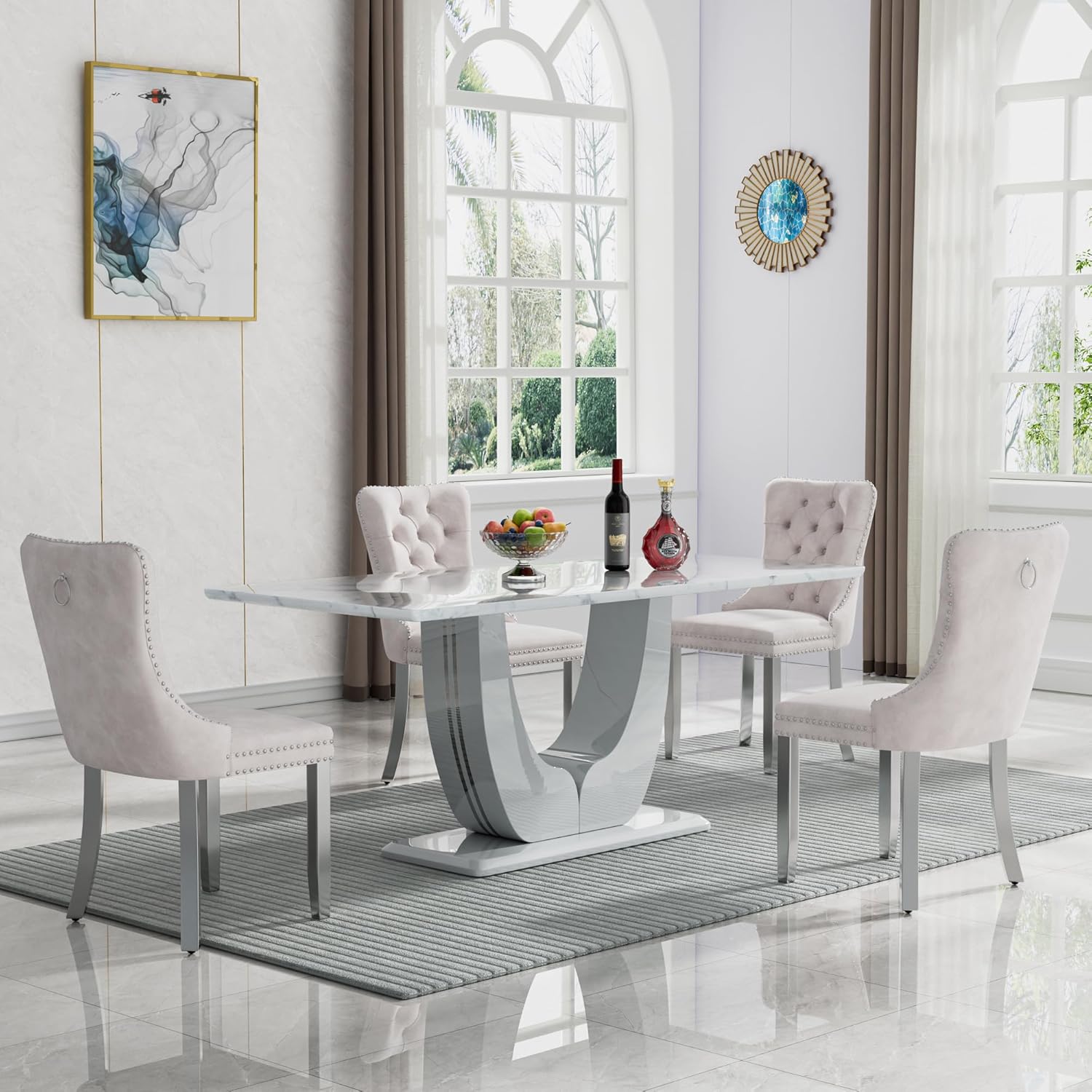 MTFY 63" White Faux Marble Dining Room Table Set for 4, 5
