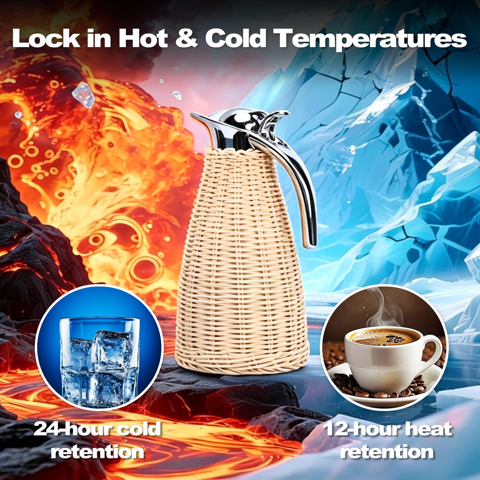 Jenngaoo Caraffa Termica in Acciaio Inossidabile intrecciato con Corpo in Rattan, Capacità 1.5 Litri, 3 Strati Isolanti, Mantenimento Caldo 12 Ore e Freddo 24 Ore, per Casa o Uffic (Beige)