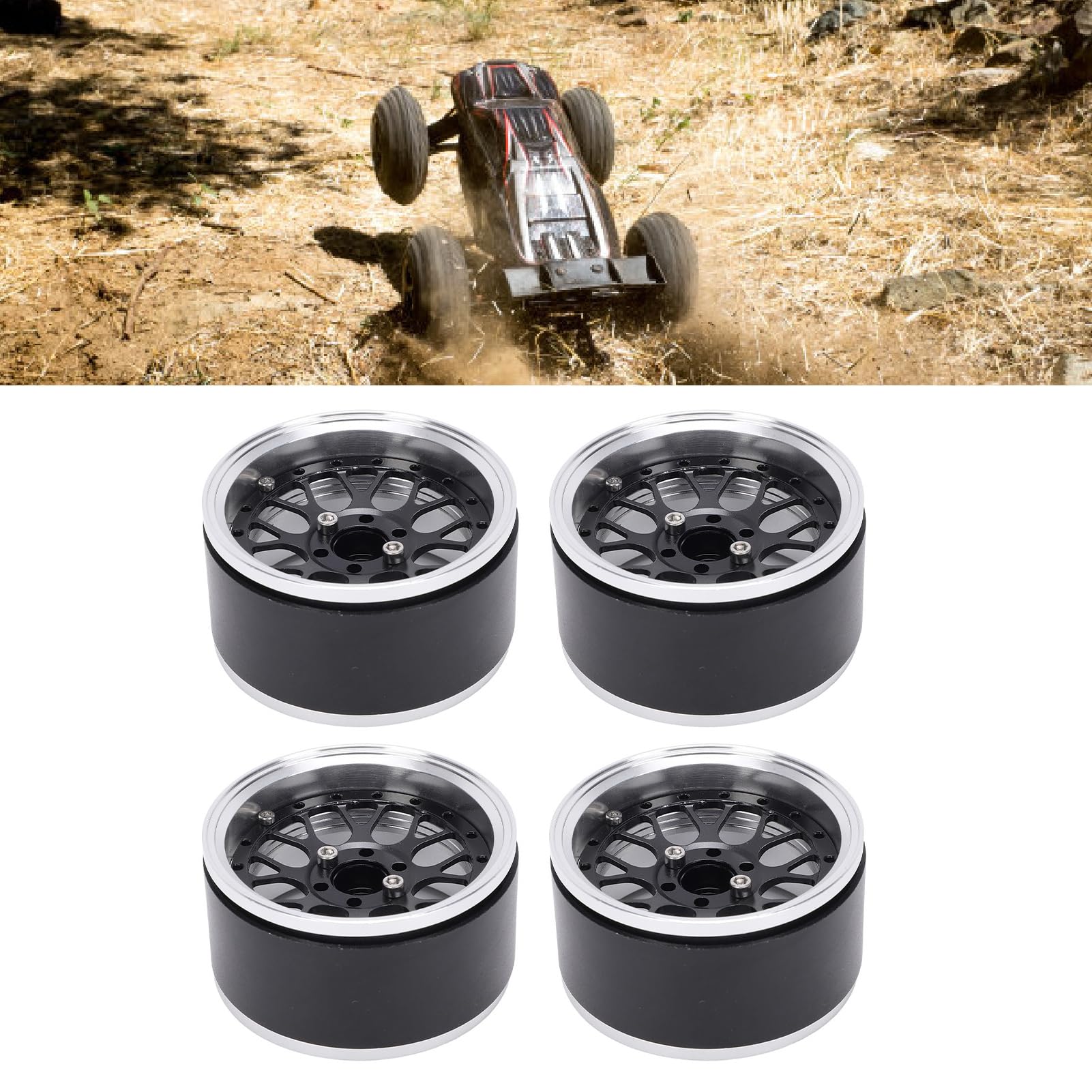 Naroote 4 szt. 2,2-calowe Felgi do Zdalnie Sterowanego Samochodu Felgi ze Stopu Aluminium Gąsienica RC do Modelu 10RC Twardo Anodowane Dobre Odprowadzanie Ciepła (BLACK)
