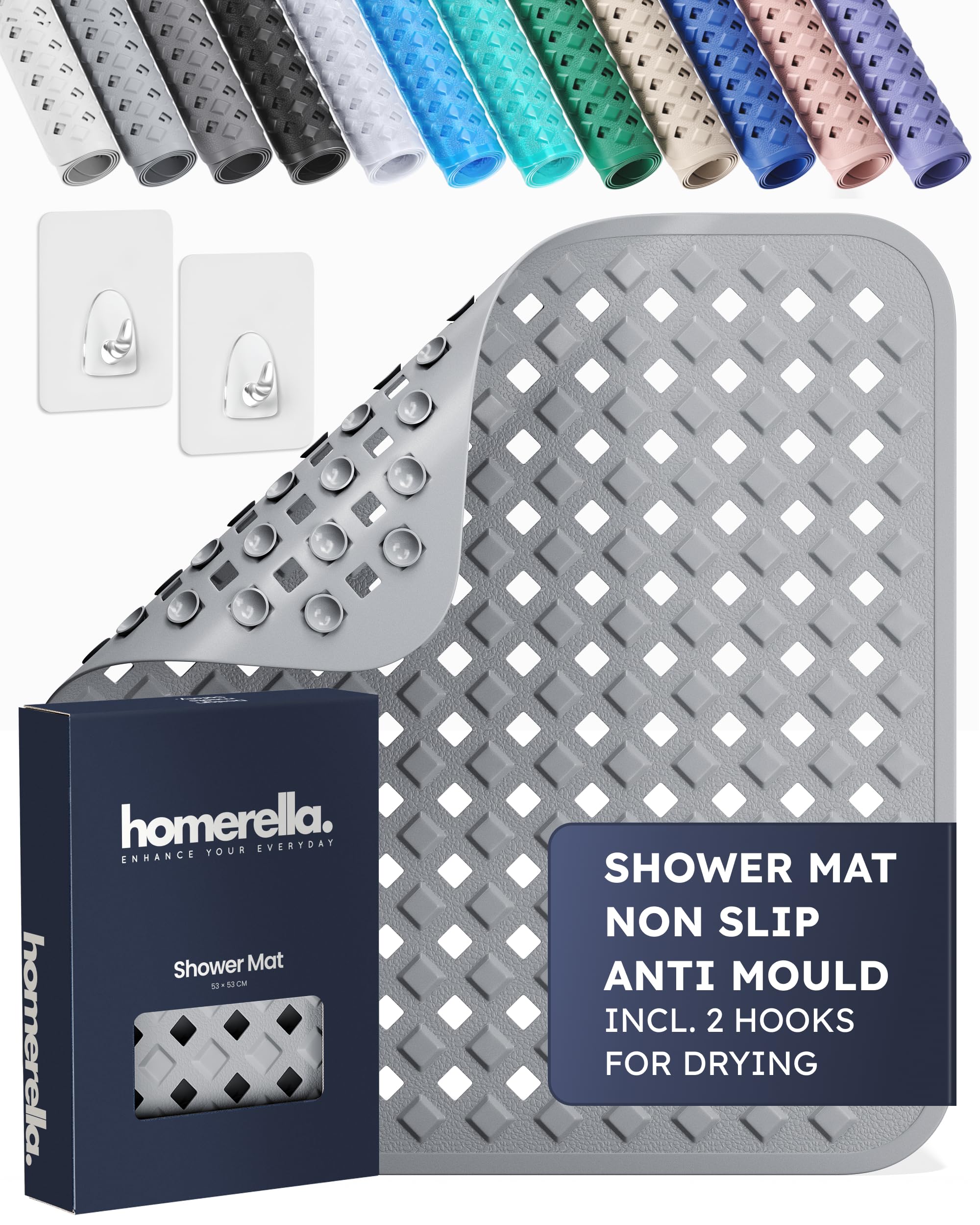 Homerella Girls Grey Homerella® Shower Mat Non Slip Anti Mould 53 X 53 Cm, Incl. Hooks For Drying, Bath Mat Non Slip Anti Mould, Shower Mats For Inside Shower, Bpa-Free And Machine Washable For Children And Elderly