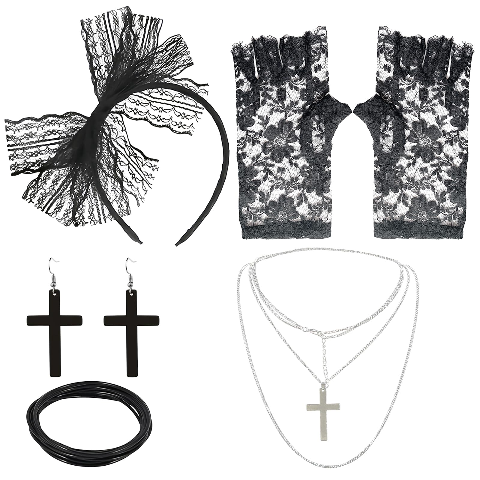 XDGBGFN 5 stuks dames jaren 80 accessoires jaren 80 kostuum accessoires jaren 80 carnaval outfit vintage kant zwarte hoofdband oorbellen visnet handschoenen halsketting armband voor carnaval party