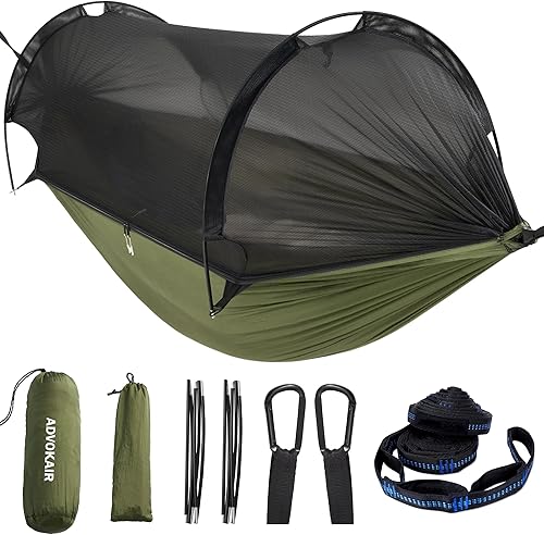 Miniatura 1 de ADVOKAIR Hamaca de campamento con mosquitera de hasta 500 libras, hamaca colgante de viaje de nailon ultraligera y portátil con correas de árbol,