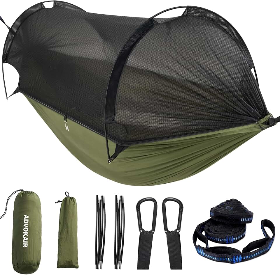 ADVOKAIR Camping Hammock with Mosquito Net Up to 500lbs, Ultralight and Portable Nylon Travel Hanging Hammock with Tree Straps, Pe