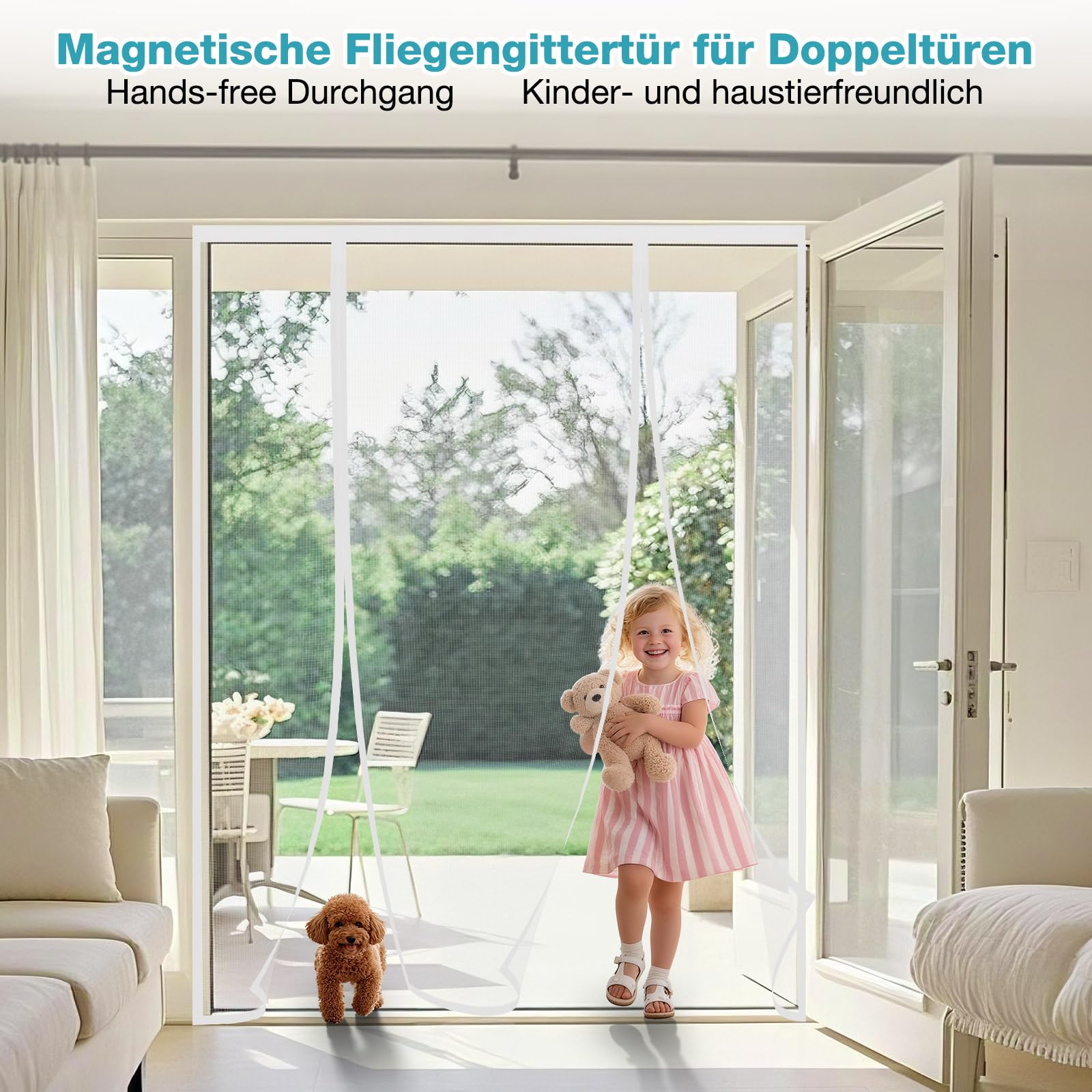 Fliegengitter Tür 180x220 cm Weiß, Magnetisches Fliegengitter Balkontür Doppeltür – Ohne Bohren Klebemontage, Lichtdurchlässig, Nicht Kürzbar, Für Balkon Terrasse Außenbereich