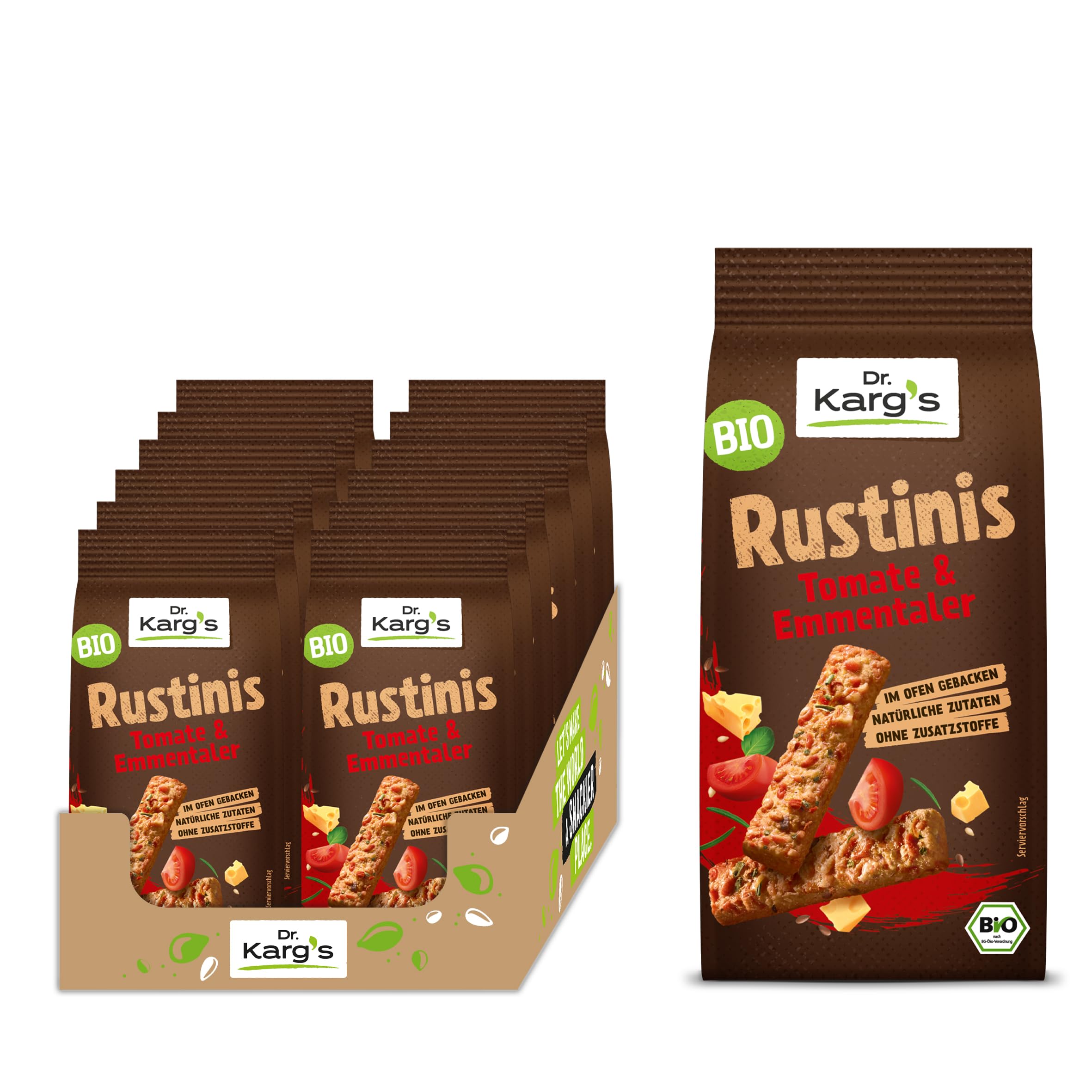 Dr. Karg’s BIO Rustinis Vollkorn-Knabberei Tomate & Emmentaler - knusprig, vegetarisch, Vollkorn Knuspergebäck, fruchtigen Tomaten & würzigem Emmentaler, ofengebacken, ohne Zusatzstoffe, 12x125g