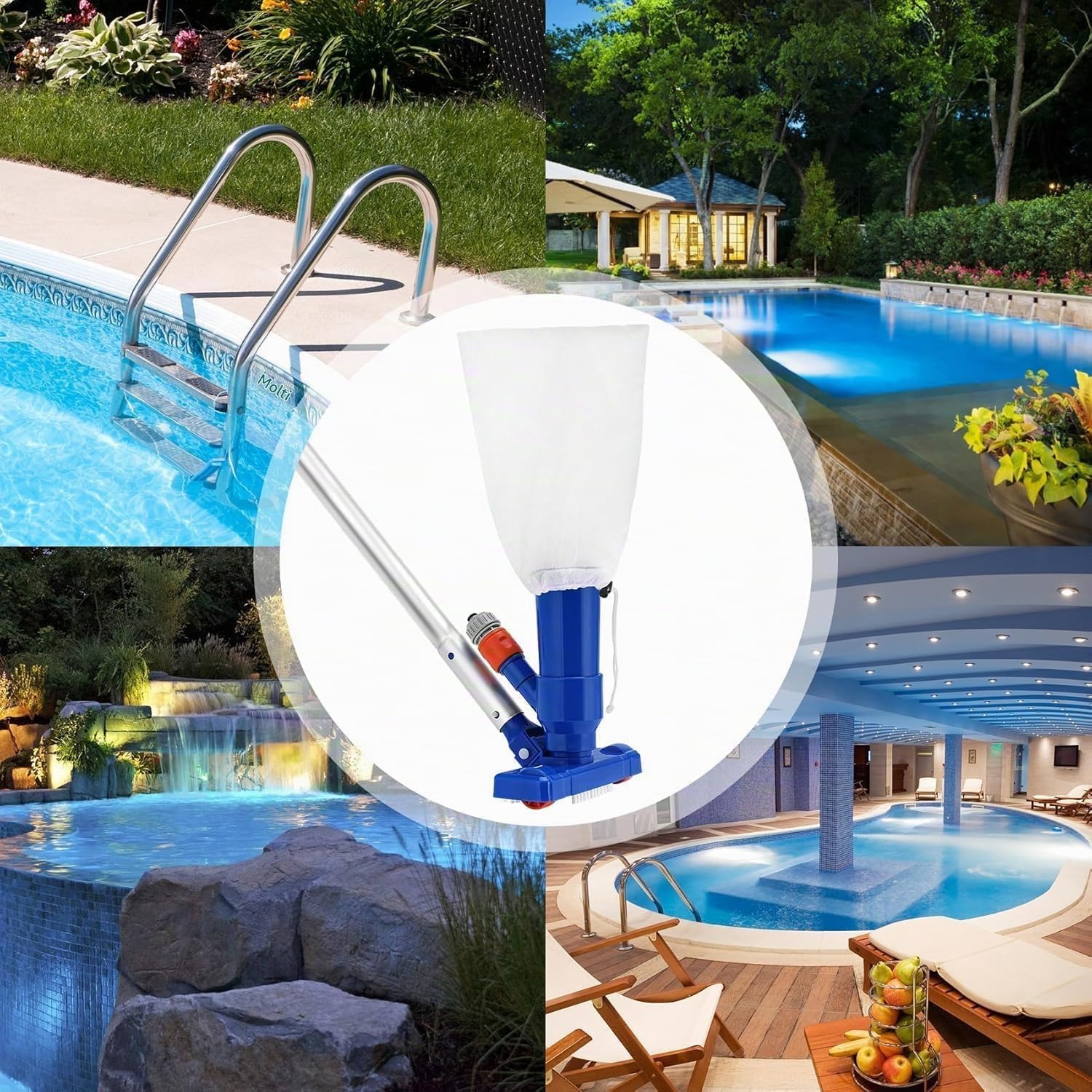 Set di aspirapolvere per Piscina, 71 pollici palo Aspiratori Portatili Piscina per Manutenzione della Piscinas con spazzola, Kit di Pulizia per Piscine Spa Vasca Pulizia di foglie sporco sabbia