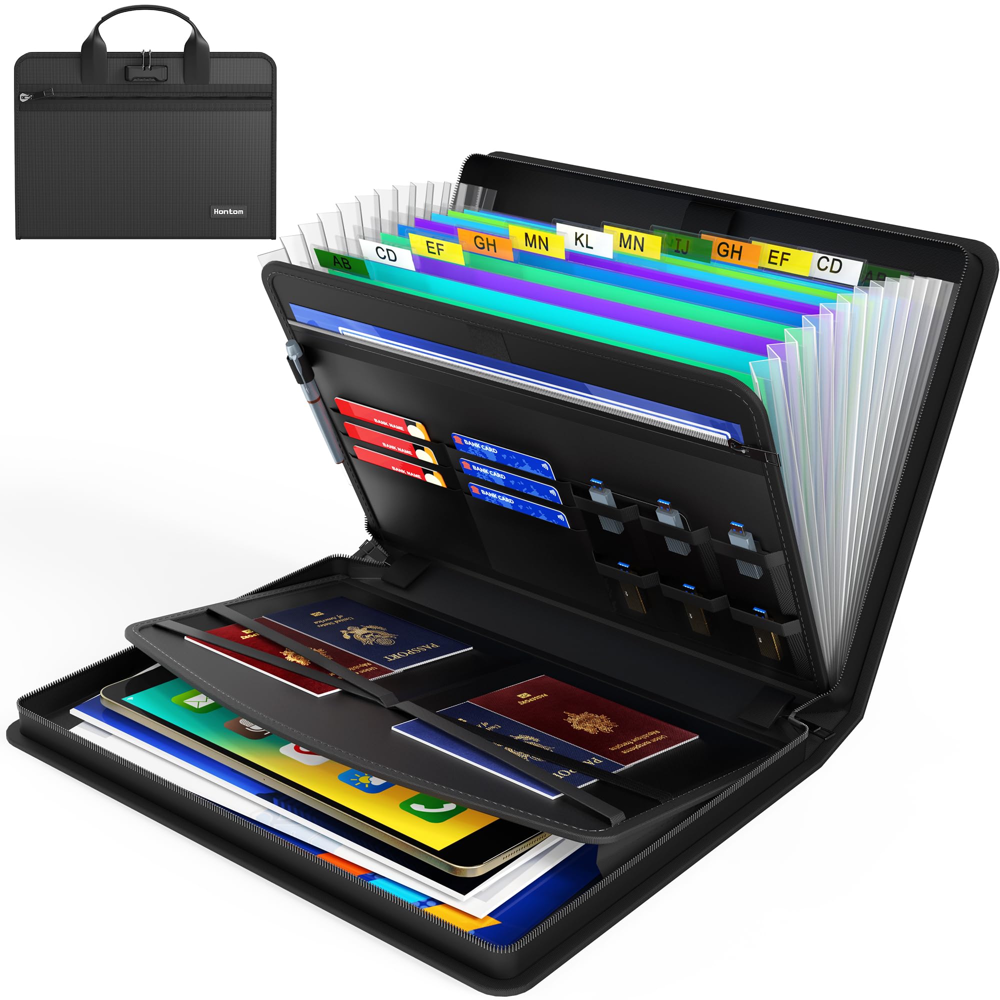 Hontom Fireproof Accordion File Organizer with Lock, 13 Pockets Expanding File Folder with Handle, Portable Business Document Organizer with Secure