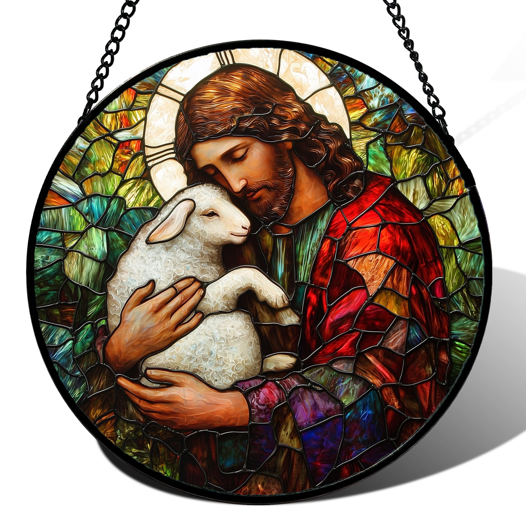 Jesus Little Lamb Stained Glass Window Hanging Suncatcher Easter Gifts 15"