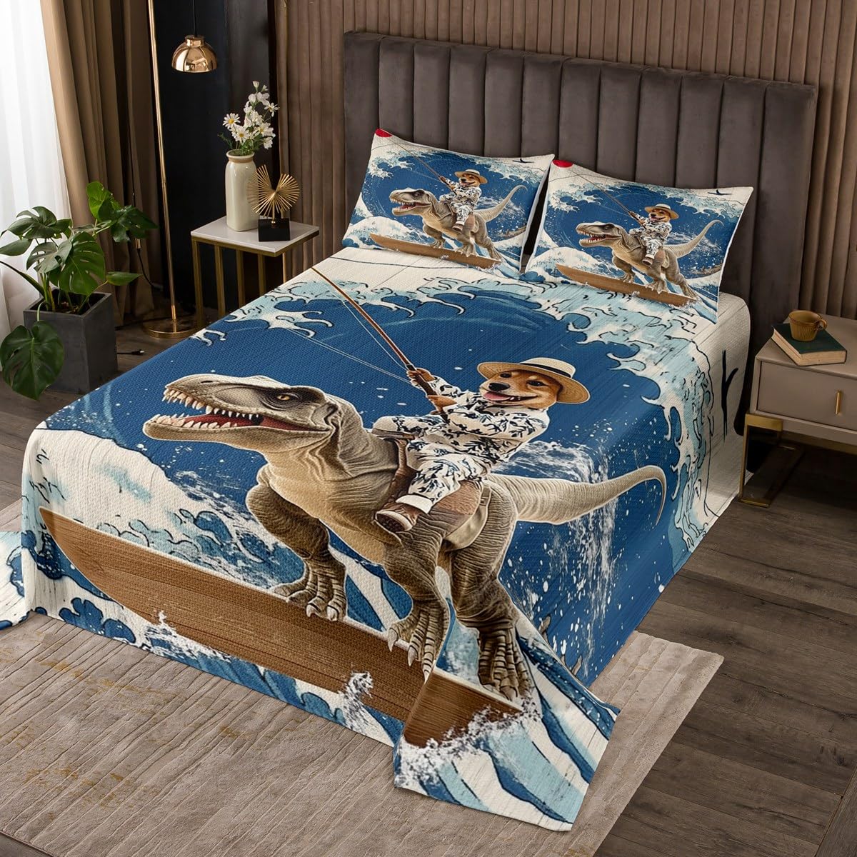jejeloiu Funny Dog Coverlet Set Cool Dinosaur Bedspread for Kids Boys Girls Japanese Ocean Wave Quilted Wooden Print Quilted Coverlet Room 3Pcs King Size