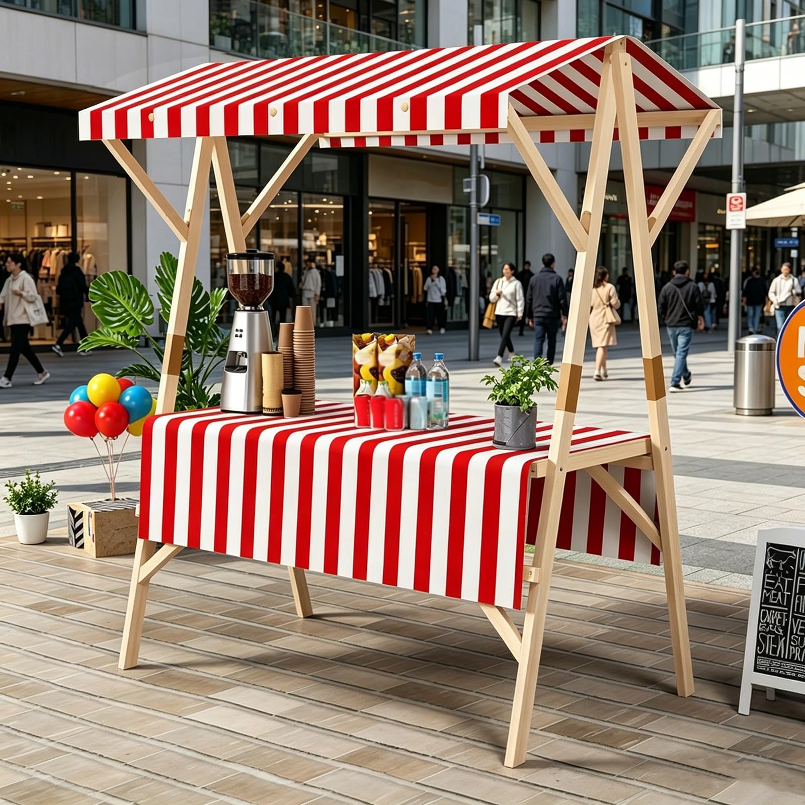 Carro De Ventas para Exteriores con Toldo, Carrito De Comida Portátil, Puesto De Exhibición Plegable, Estantería De Madera, para Mercados, Ferias Y Eventos(Red,150cm/59in)