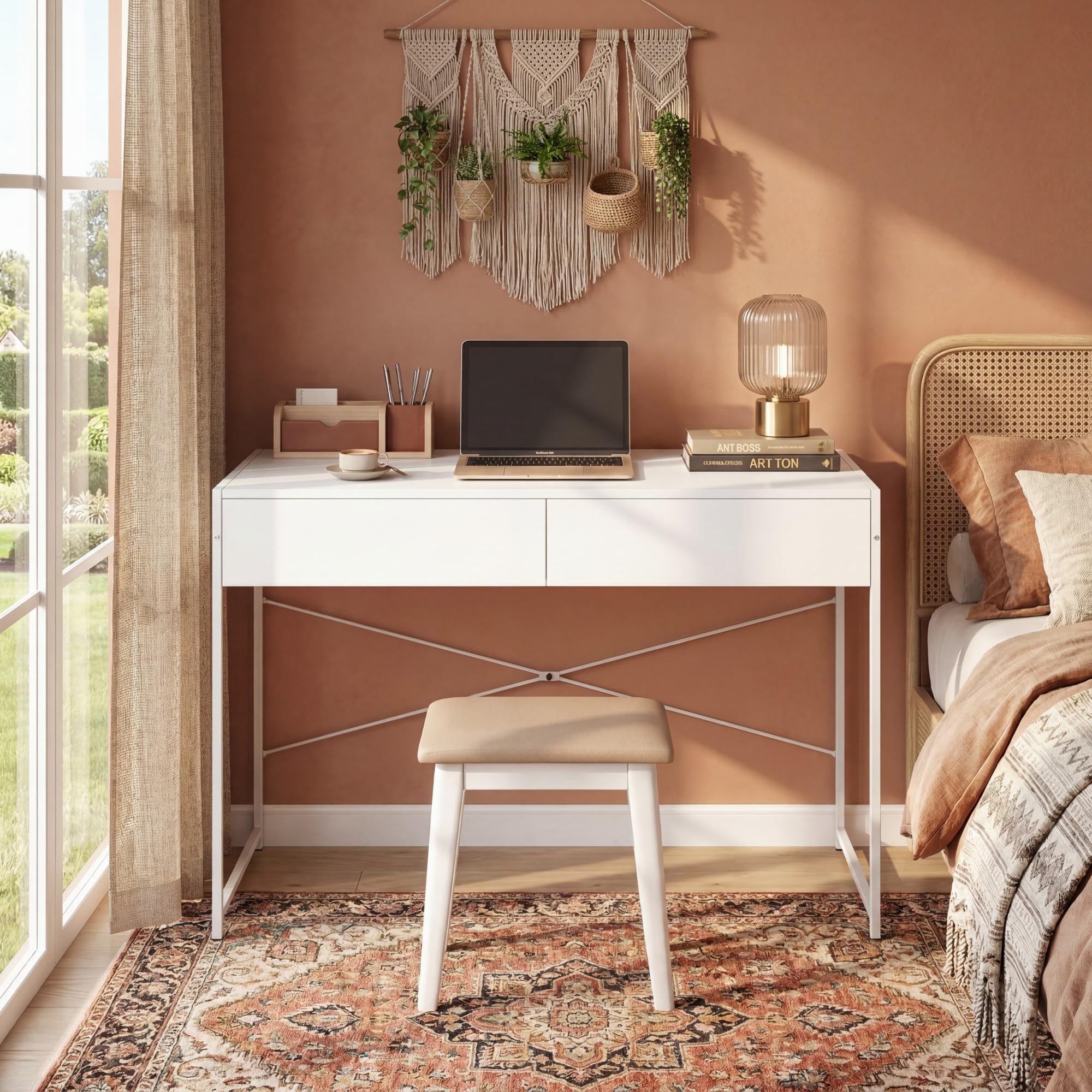 KOMFOTTEU Escritorio con 2 Cajones, Mesa Escritorio Ordenador con Marco Metálico, Mesa de Trabajo Moderna para Oficina, Dormitorio, Estudio, Despacho, 111 x 48 x 76 cm (Blanco)