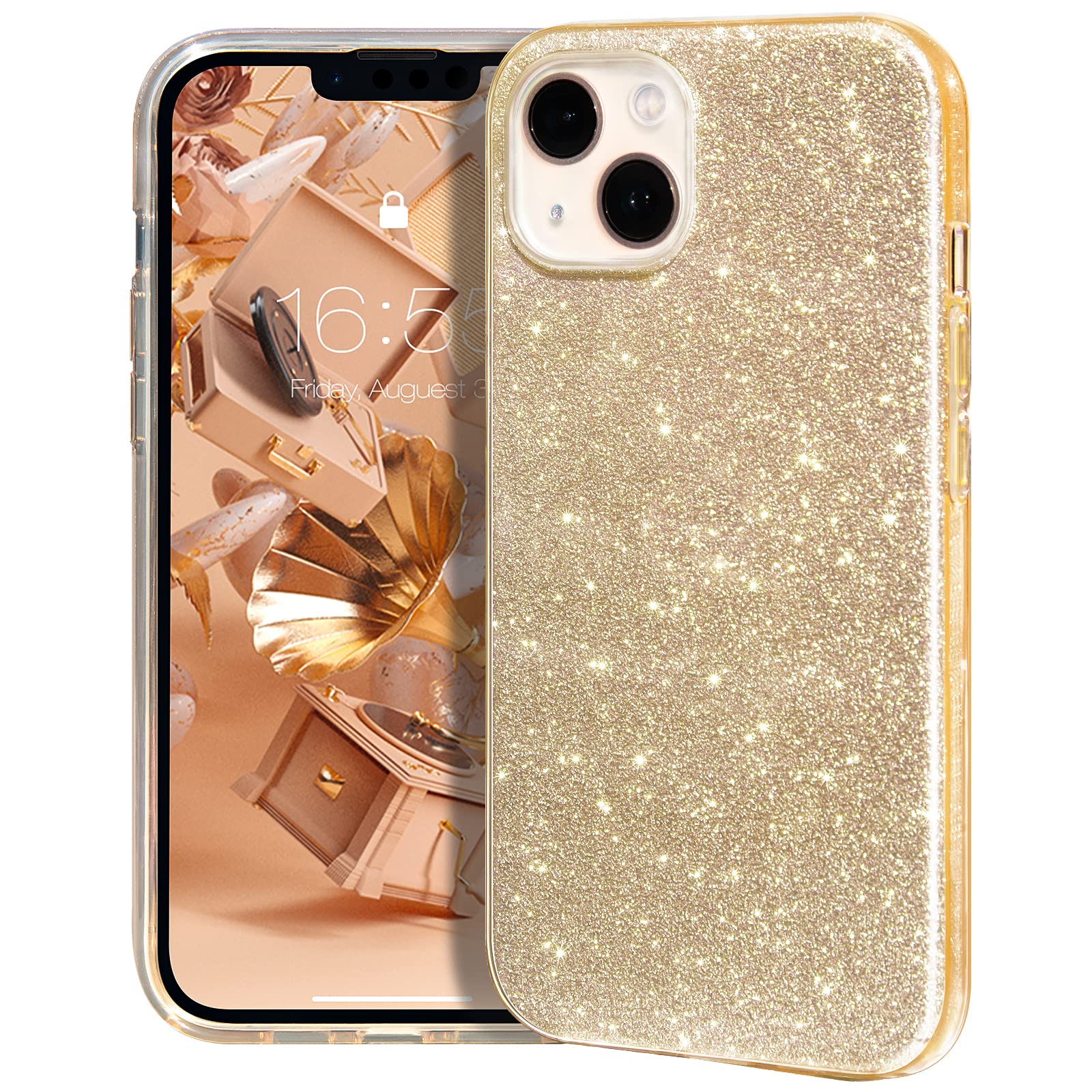 MATEPROXGlitter Case Compatible with iPhone 14 Sparkle Sparkly Bling Cute, 3 Layer Hybrid, Anti-Slick Protective Cover for iPhone 14 6.1'' 2022-Gold