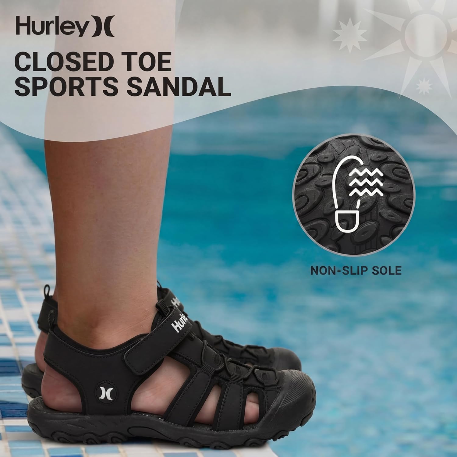 Hurley Kid's and Toddlers Water Sandals - Beach Sandals for Boys and Girls, Lightweight Durable Closed Toe with Adjustable Upper for Outdoors, Water Play and Pool Champ