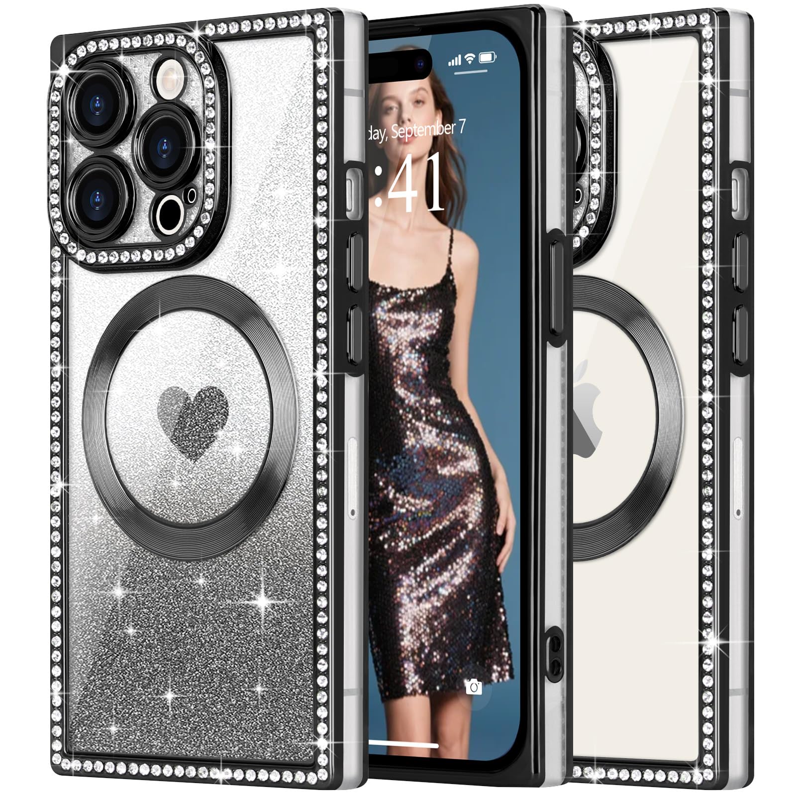 ROSEHUI Magnetic Case iPhone 13 Pro Max Crystal Rhinestones Rectangular Bumper Glitter Love Heart Design [Compatible with MagSafe] Slim Silicone TPU