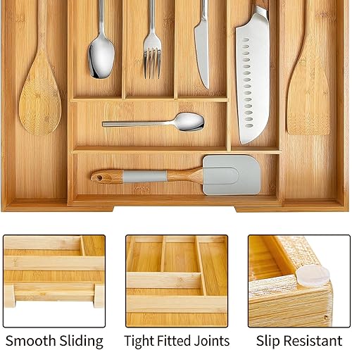 Miniatura 4 de Organizador de cajones expandible de bambú, organizador de cajones de cubiertos para utensilios y cubiertos, bandeja organizadora de cajones de