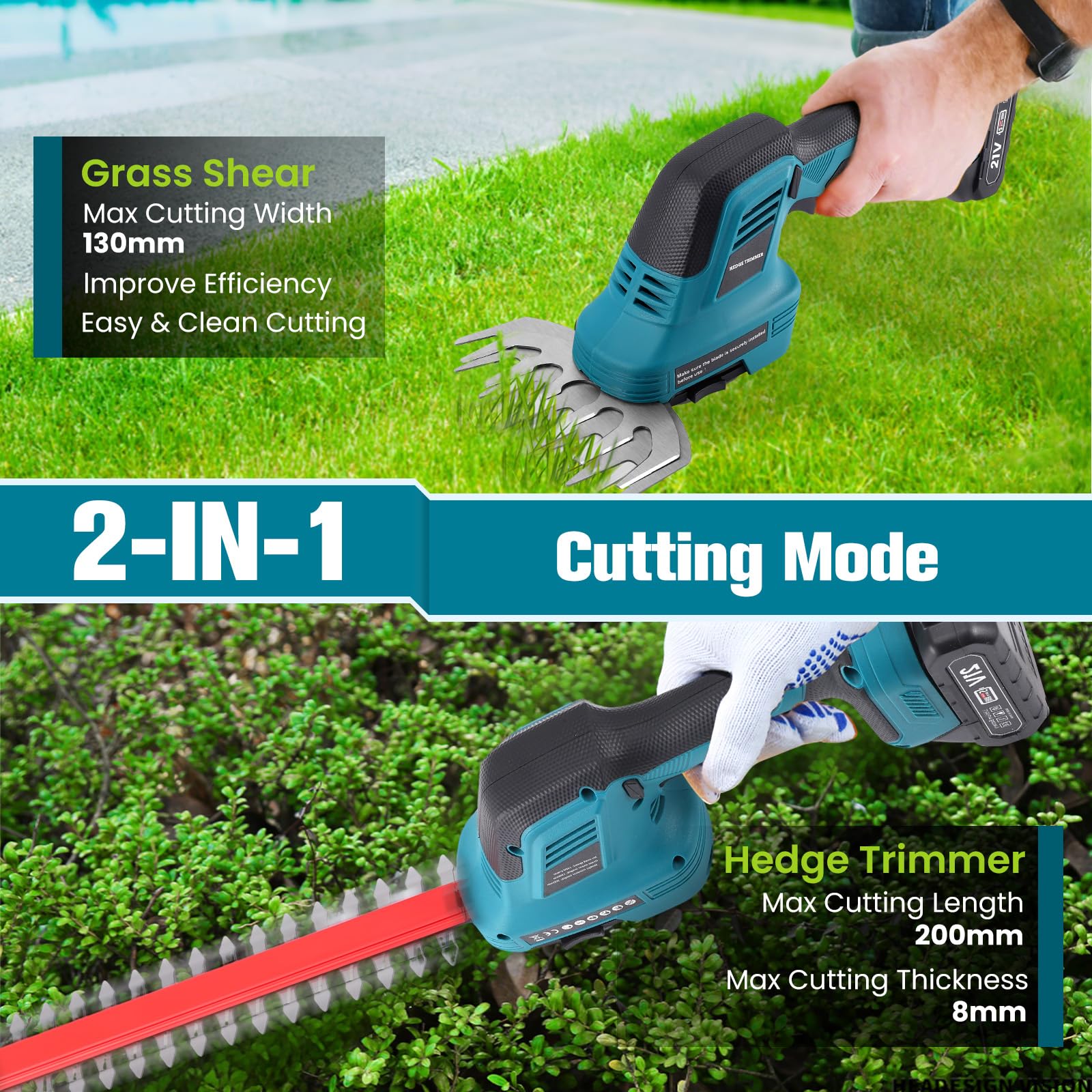 Akku Heckenschere 21V Elektrische Heckenschere Akku Grasscheren, 2 in 1 Schnurlose Grasschere und Heckenschere, Elektrogartenscheren mit 1500mAh*2 Wiederaufladbaren Batterien,Klingen und Adapter