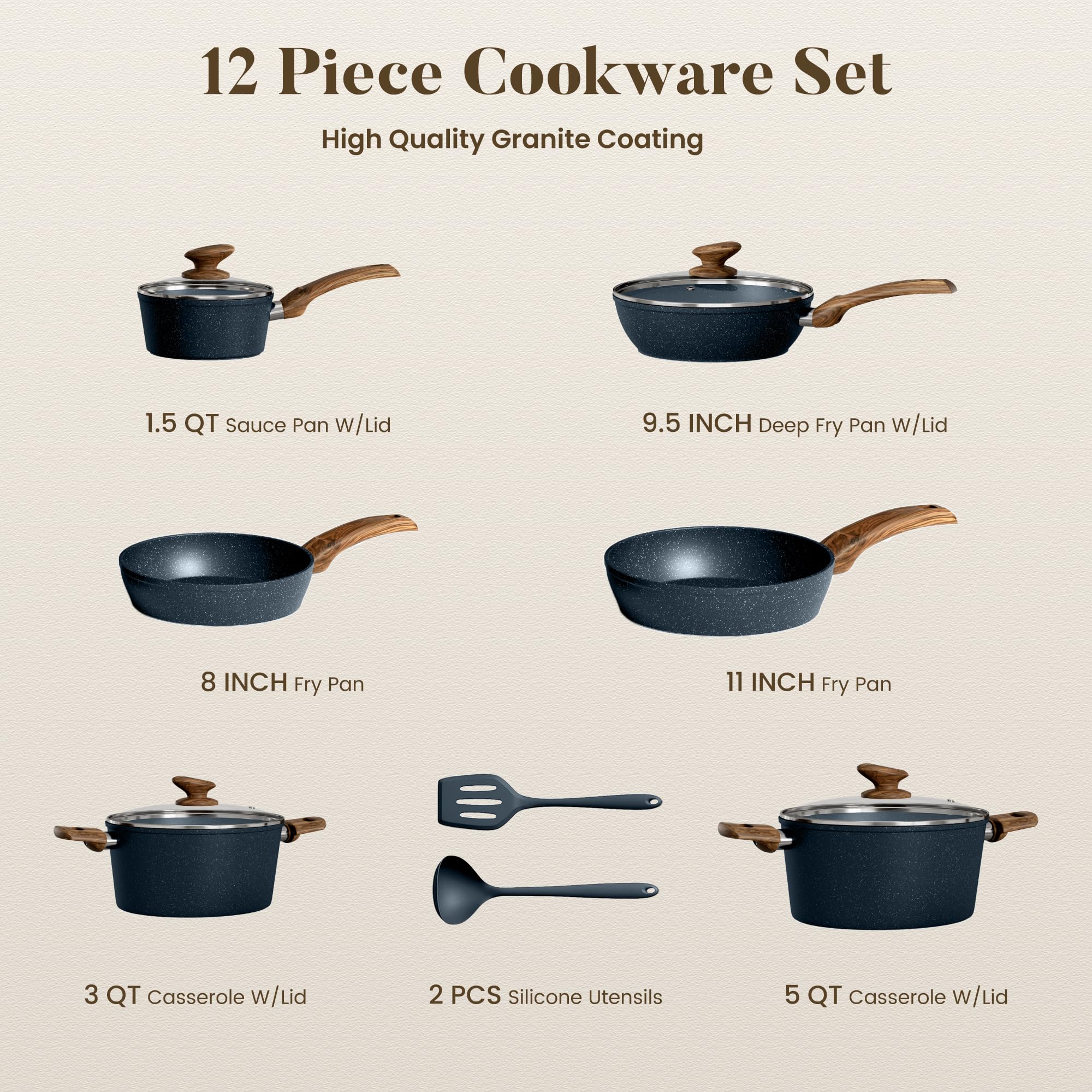Kitchen Academy Blue Pots and Pans Set Non Stick, 12Pcs Induction Cookware view 8