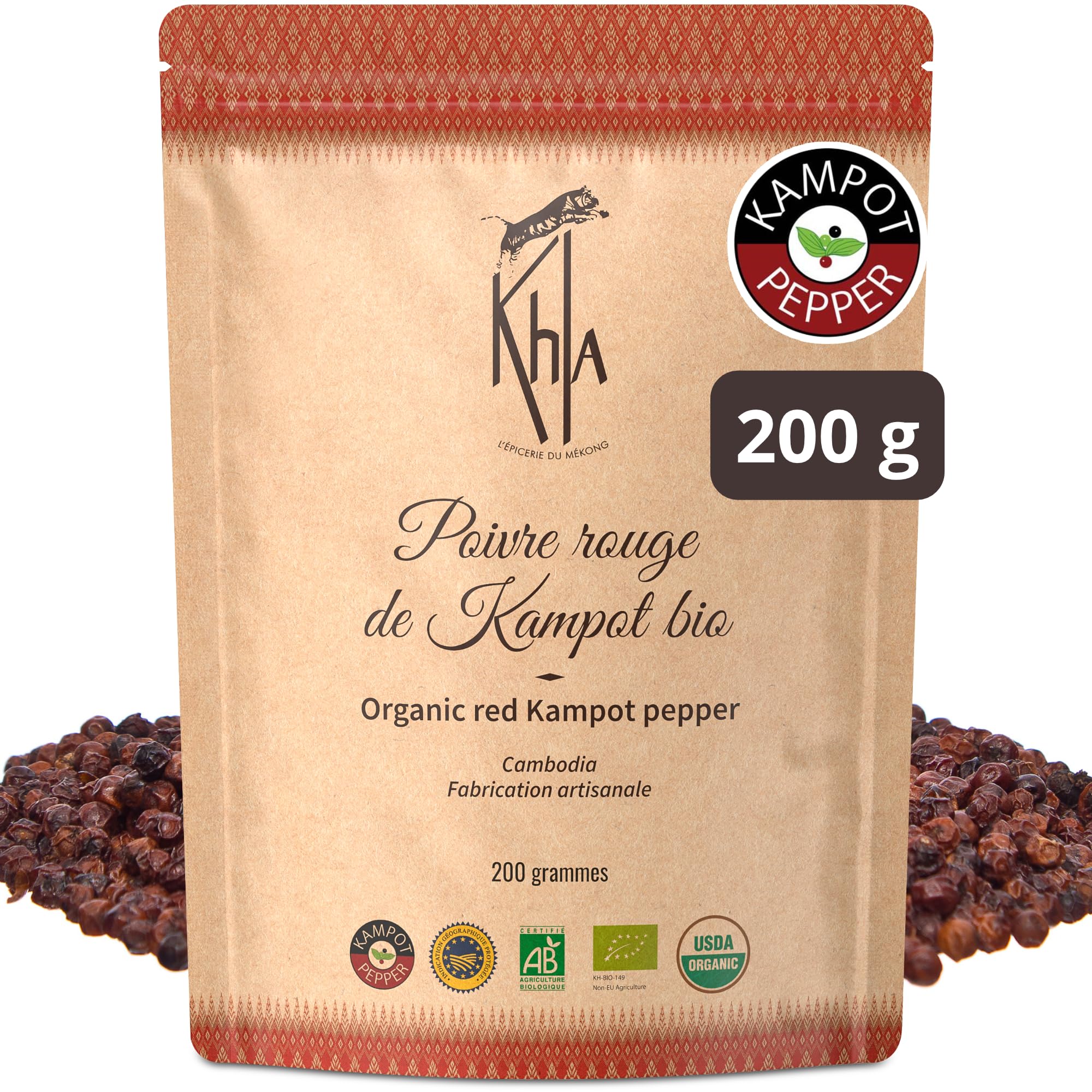 Khla - Poivre Rouge de Kampot Certifié Bio 200 g - Sachet Poivre en Grains Biologique - Grand Cru, Doux & Fruité - Ingrédient Cuisine - Direct Producteur - Épice Asie - Origine Cambodge