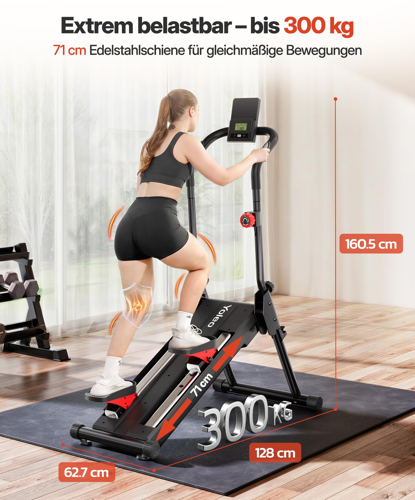 YOLEO Profi Stair Stepper mit Magnetwiderstand, 16-stufiger Treppensteiger für Zuhause, klappbares Cardio Fitnessgerät mit Handlauf, 71 cm Schrittlänge, LCD & Herzfrequenzsensor