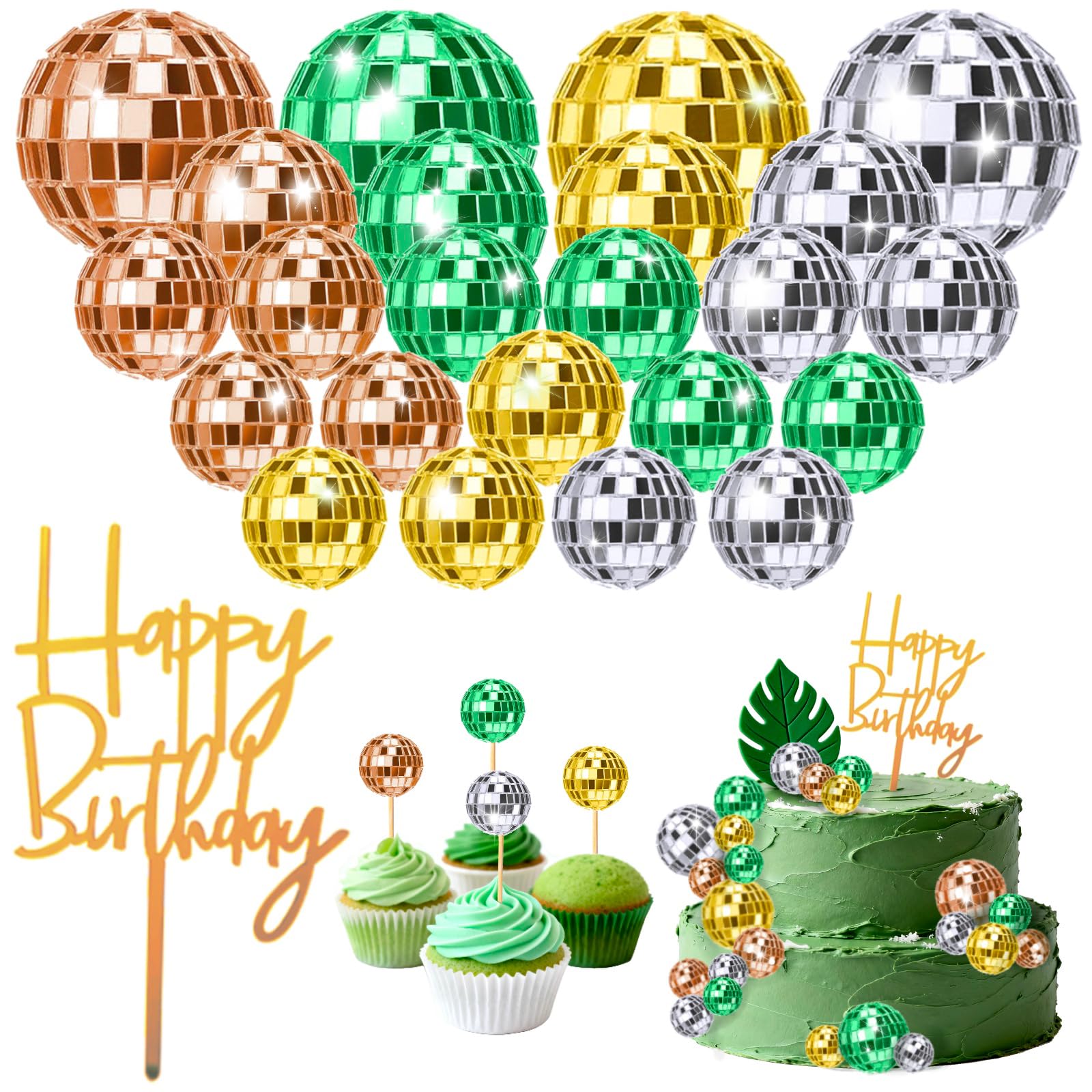 Photo 1 of 24 PCS Disco Ball Cake Toppers, Happy Birthday Cake Topper 1970s Retro Disco Theme Cake Decorations Shiny Pink Mini Disco Ball for 70s 80s Theme Party Supplies