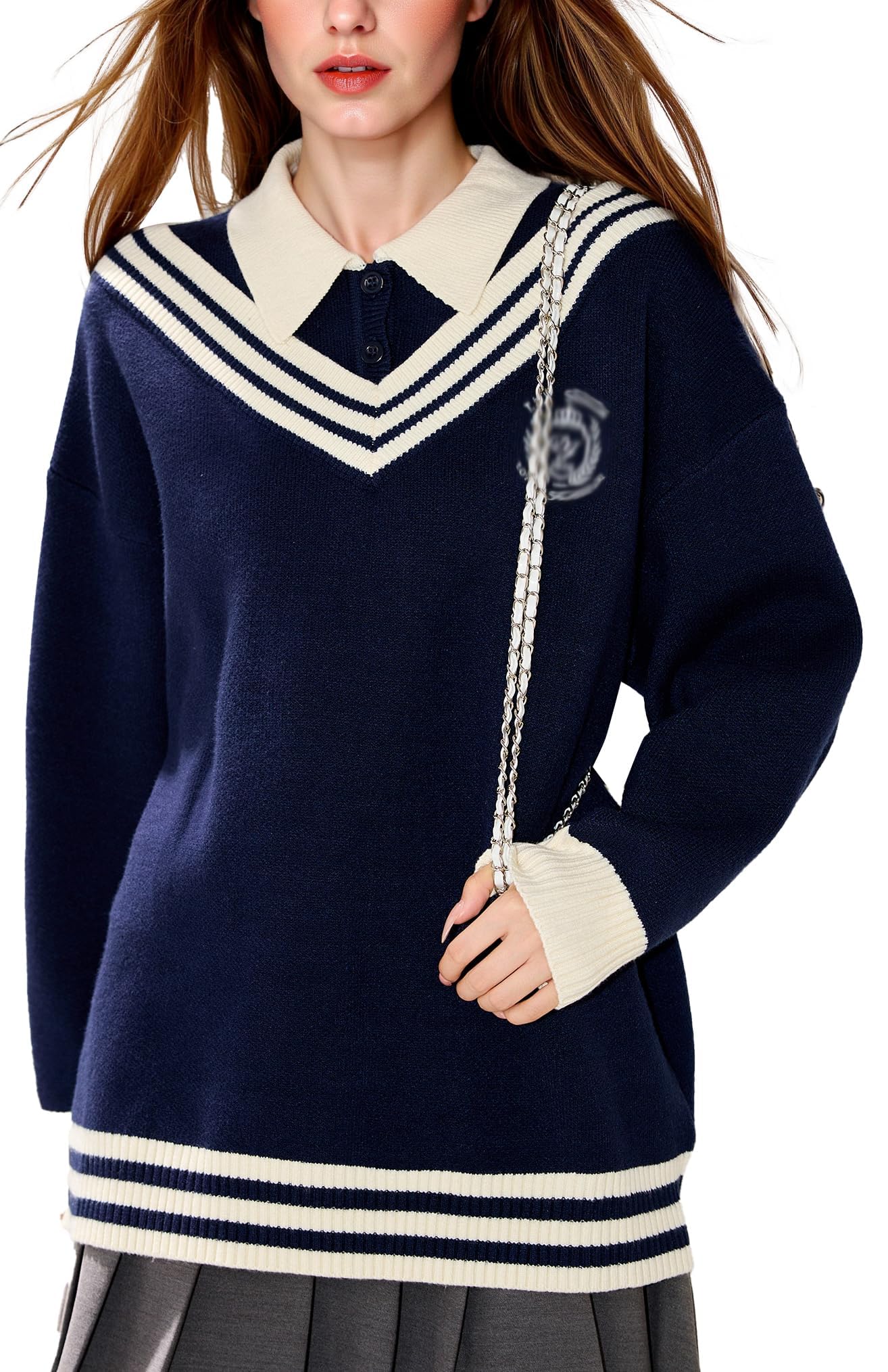 LAI MENG FIVE CATS Womens Preppy Sweater 2 in 1 Ribbed Knit Korean Style Long Sleeve Loose Pullover