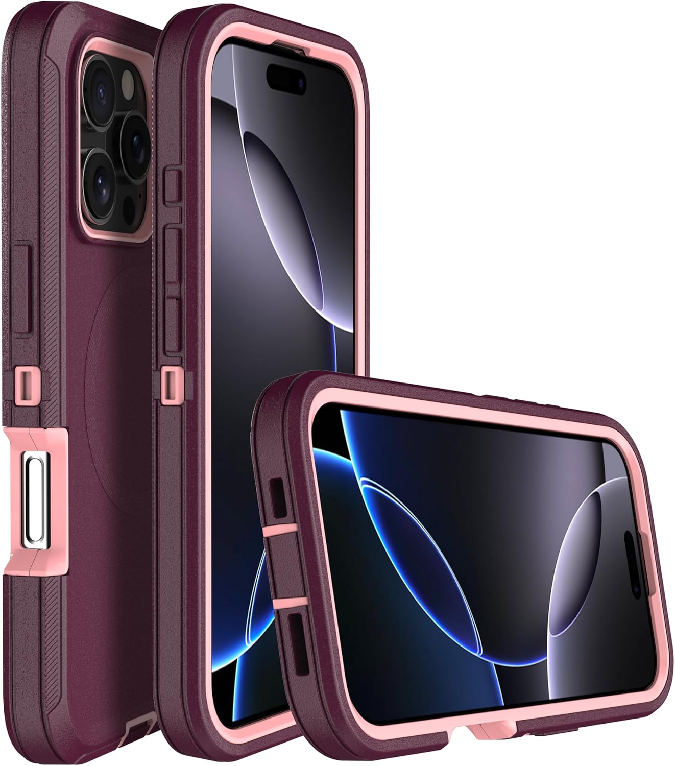 MXX for iPhone 16 Pro Max Case, Heavy Duty 3-Layer Rugged Cover with Tempered Glass Screen Protector, Shockproof Dustproof Full Body Protection (6.9") – Plum/Light Pink - Image 2