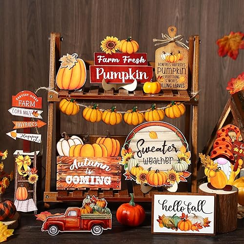 Vista 5 de Dandat 16 piezas de decoración de bandeja escalonada de Acción de Gracias, bandeja escalonada de otoño, decoración de bandeja escalonada