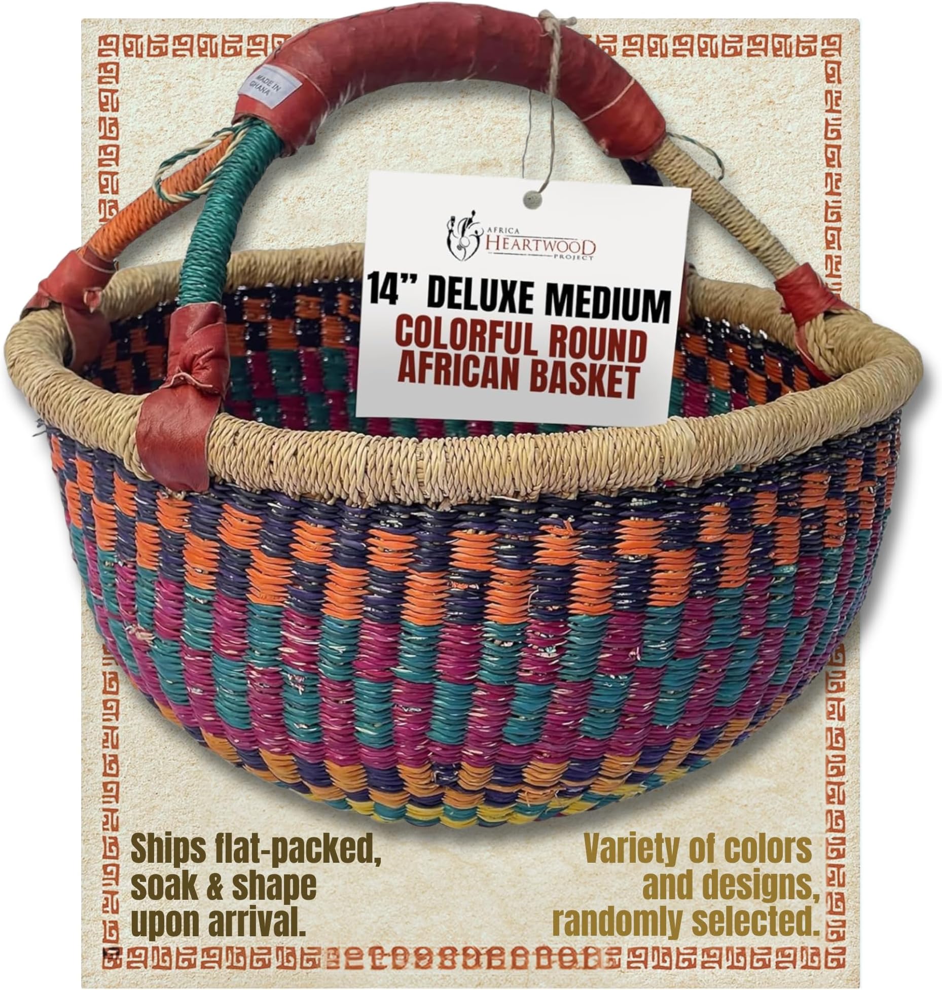 Africa Heartwood Project - Deluxe Colorful African Basket with Leather Handle - Handmade from dried Elephant Grass, Hand-Woven by Women in Bolgatanga, Ghana - Medium 14" Round Flat-packed