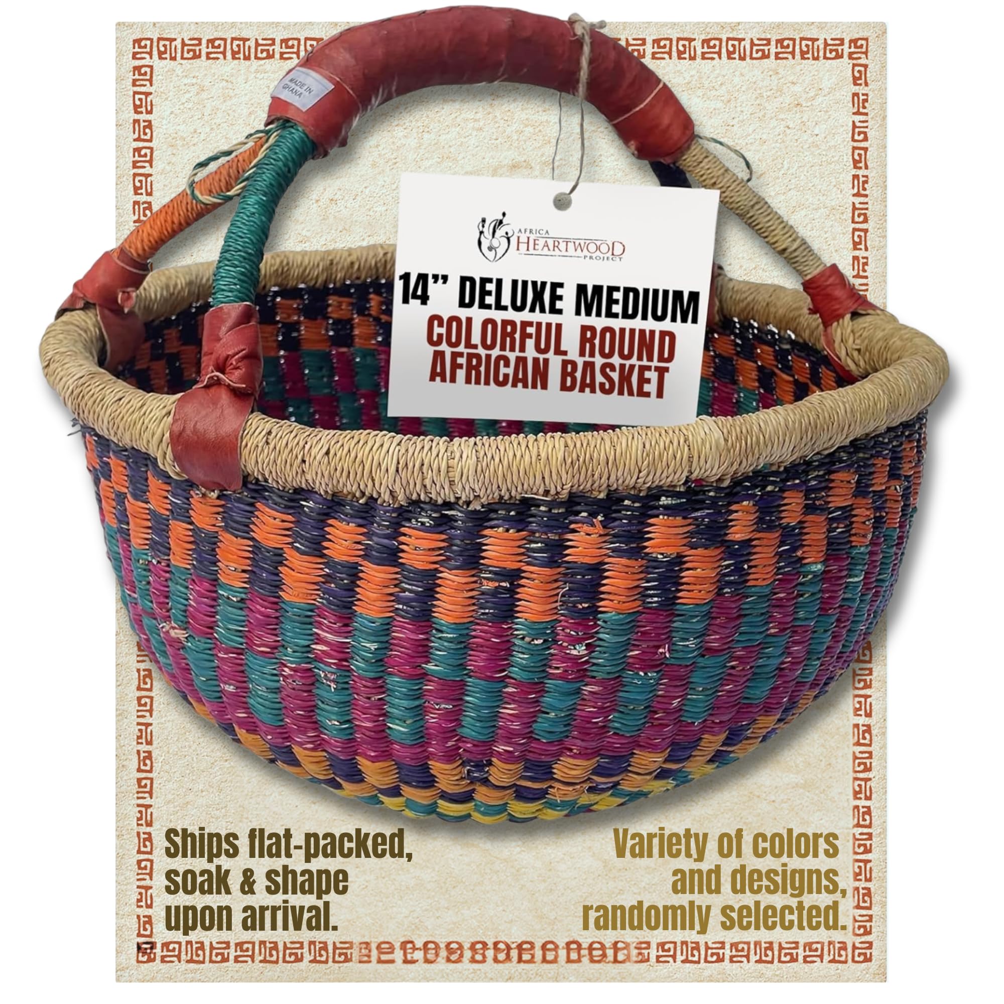 Africa Heartwood Project - Deluxe Colorful African Basket with Leather Handle - Handmade from dried Elephant Grass, Hand-Woven by Women in Bolgatanga, Ghana - Medium 14" Round Flat-packed