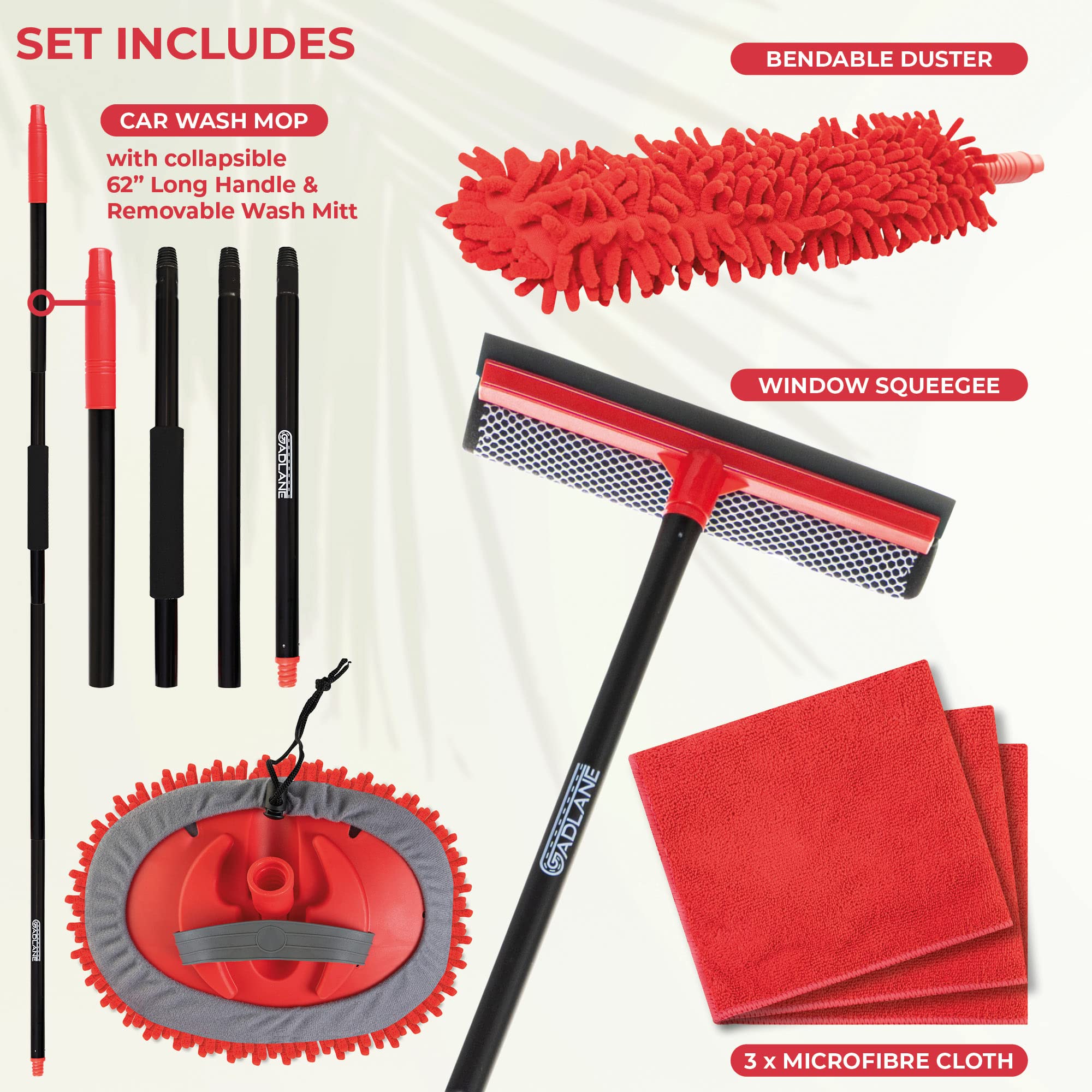 Wontolf Kit De Brosse De Lavage De Voiture De 157,5 Cm Avec Gant En Microfibre Chenille à Long Manche, Raclette Pour Pare-brise, Serviettes En Microfibre Et Plumeau, Brosse à Pneu Pour Voitures