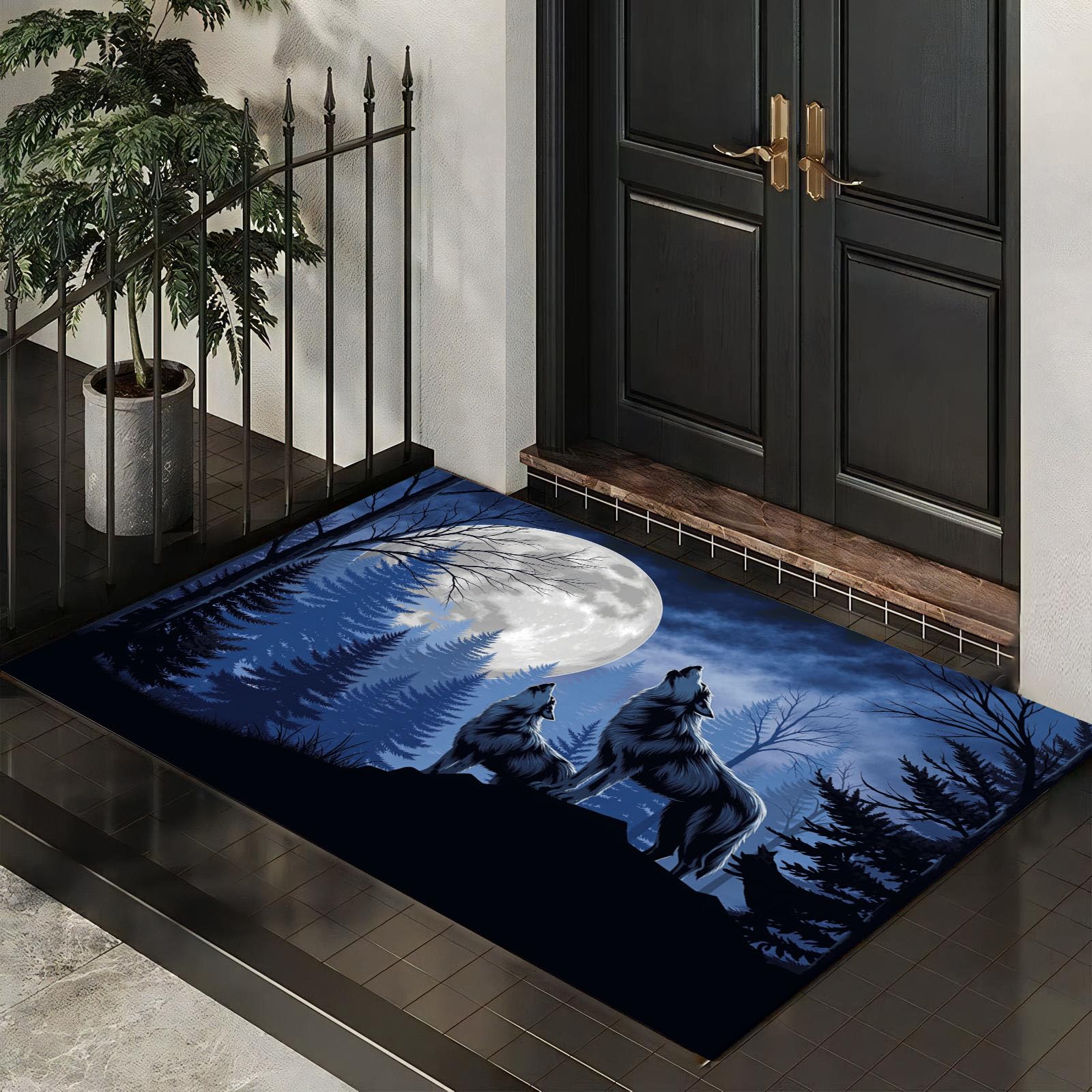 Tapis de porte super absorbant loup gris antidérapant bleu foncé contre l'humidité