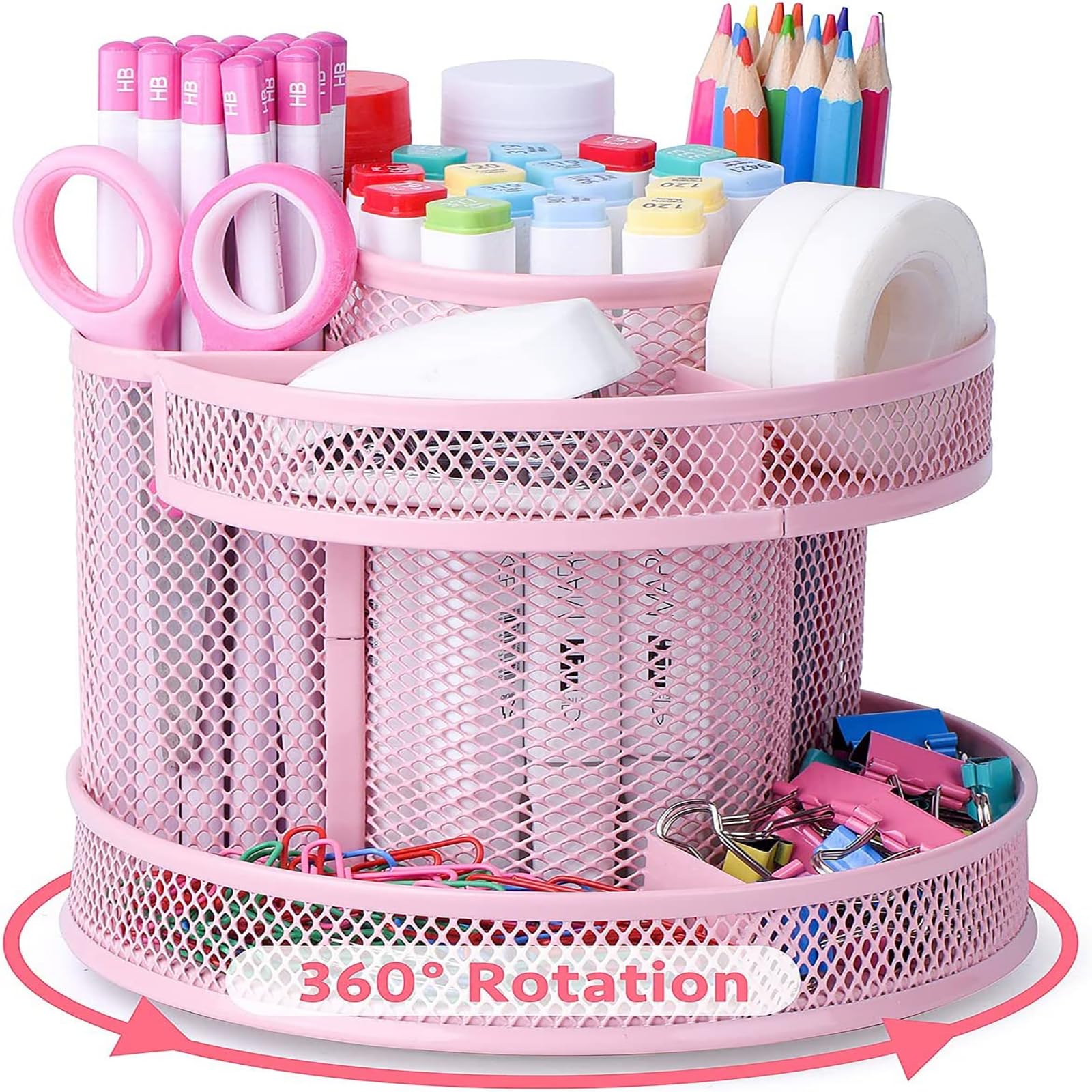 THE WHITE SHOP Cute Rotate Desk Organizer, Kawaii Mesh Desk Accessories Pen Holder Stationery Carousel, Spinning Pencil Storage Caddy Tray for School, Home, Office Supplies - Pink
