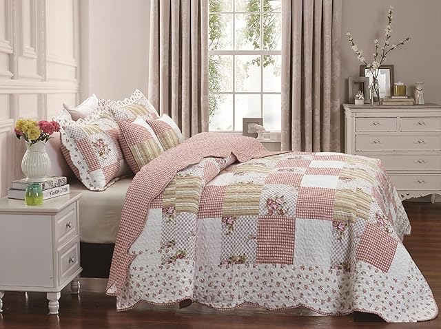 Best Linen Quilted Patchwork Bedspread Comforter Bed Throw with Pillow Sham Floral Design 3 Piece Quilted Coverlet Bedding set (Maison, Double 3 Piece)