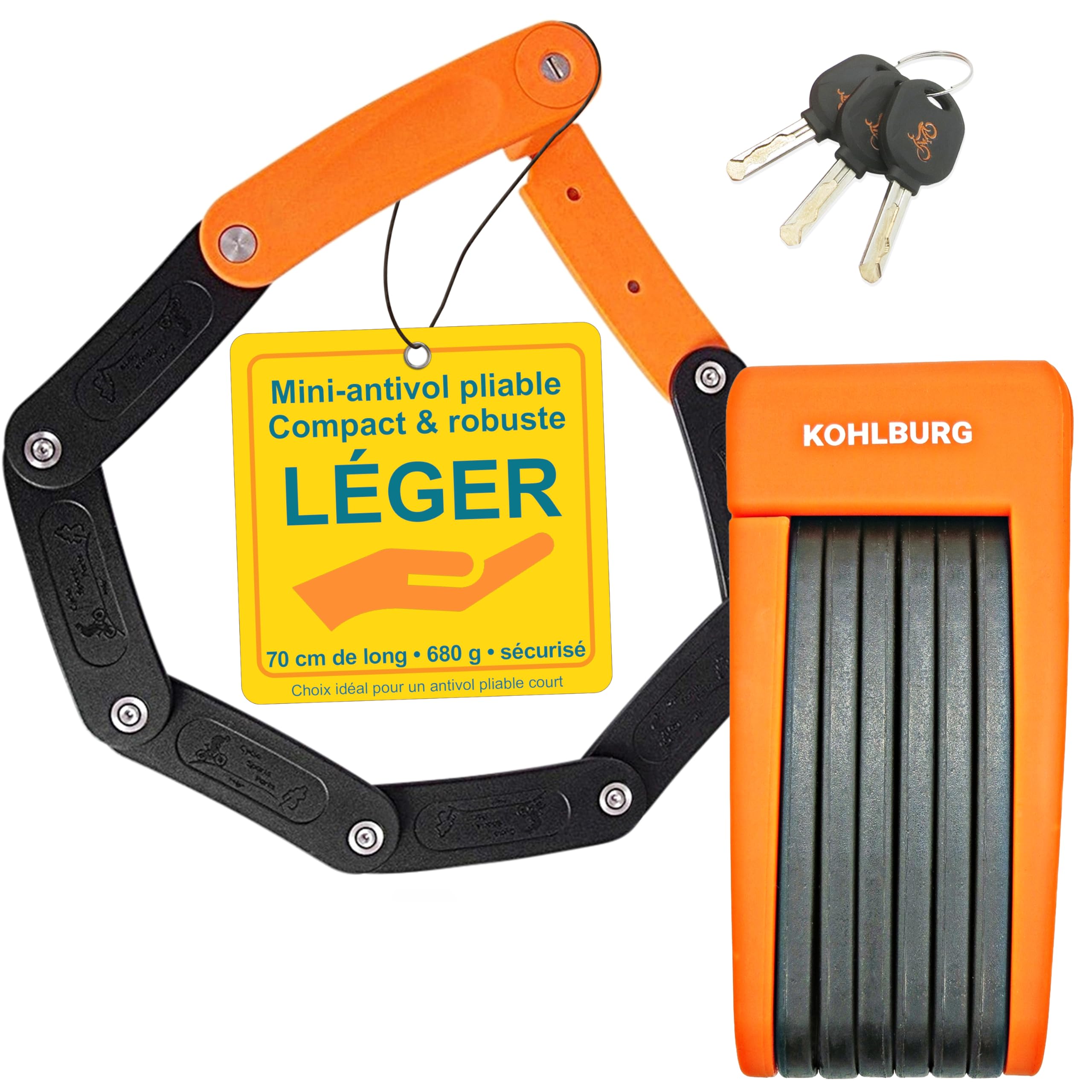 KOHLBURG Antivol pliable léger - 680 g léger et 70 cm de long avec support | Antivol velo en acier trempé, aussi comme antivol velo electrique, ebike et cadenas trotinette electrique