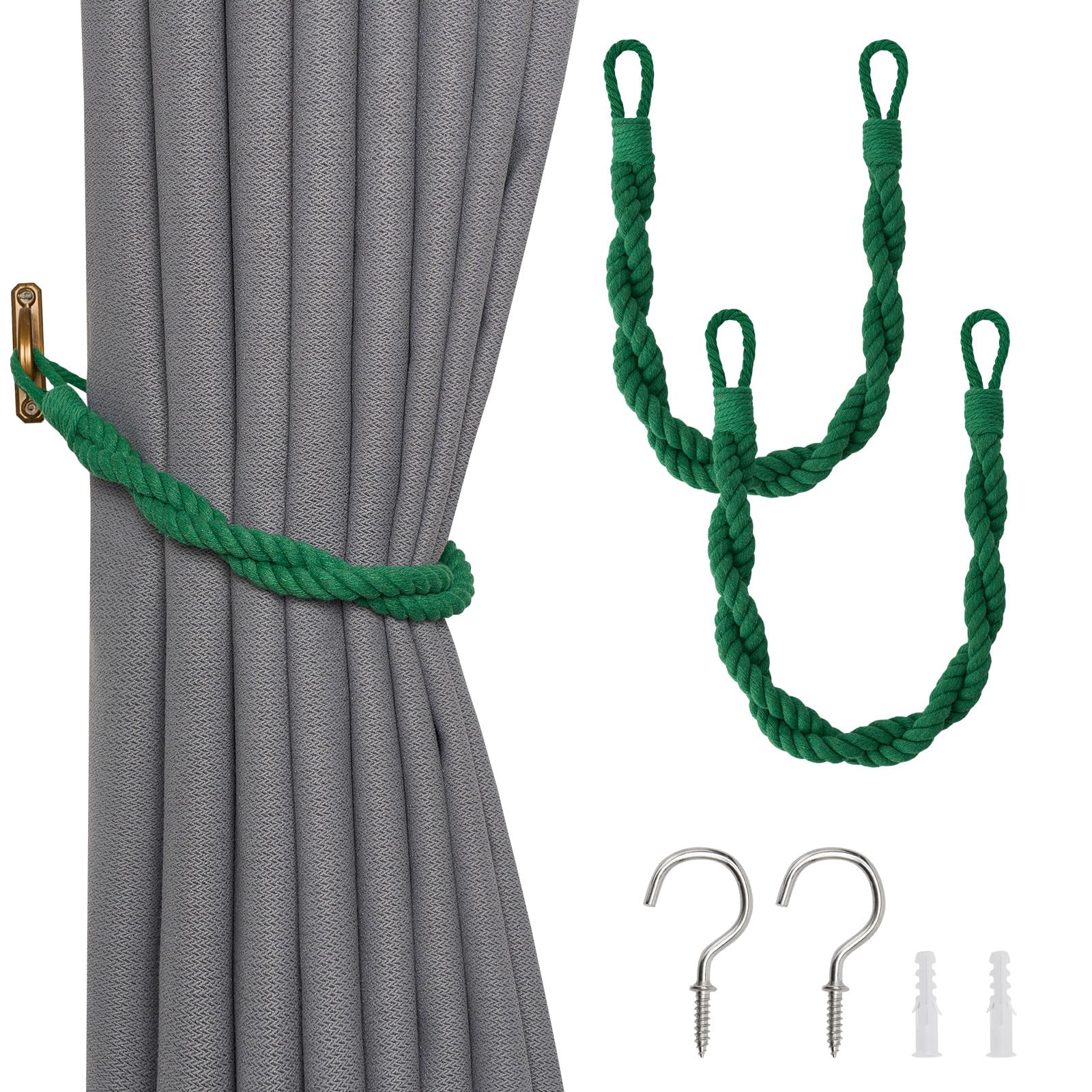 Pretty Jolly 2 Pack Natural Cotton Rope Curtain Tiebacks Elegant Boho Style Decor Drape Tie Backs Soft Hand-Woven Double Rope Curtain Holdbacks with Metal Hook for Home & Office Drapery (Green)