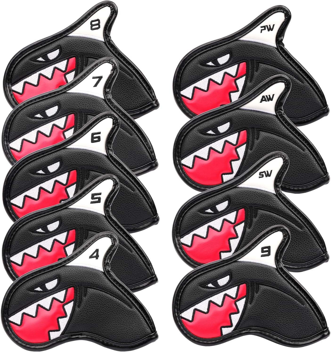 Premium Golf Iron Covers Shark Embroidered Club Headcover Set with Large Red Number, PU Leather Material, 9 Pcs Set (4-9, Aw, Pw and Sw)