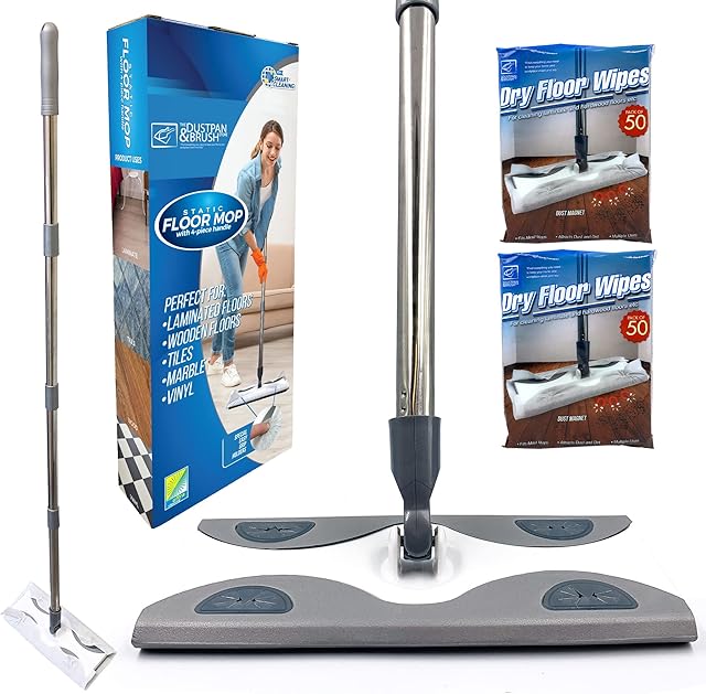 Laminate Floor Mop with Wipes - Flat Mop with Wet and Dry Floor Wipes Leaves Kitchen Flooring Cleaner by Attracting Dust Easy Cleaning with Static Sweeper Duster Kit