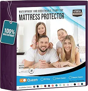 Utopia Bedding Waterproof Mattress Protector Queen Size, Premium Terry Mattress Cover 200 GSM, Breathable, Fitted Style with Stretchable Pockets (Purple)
