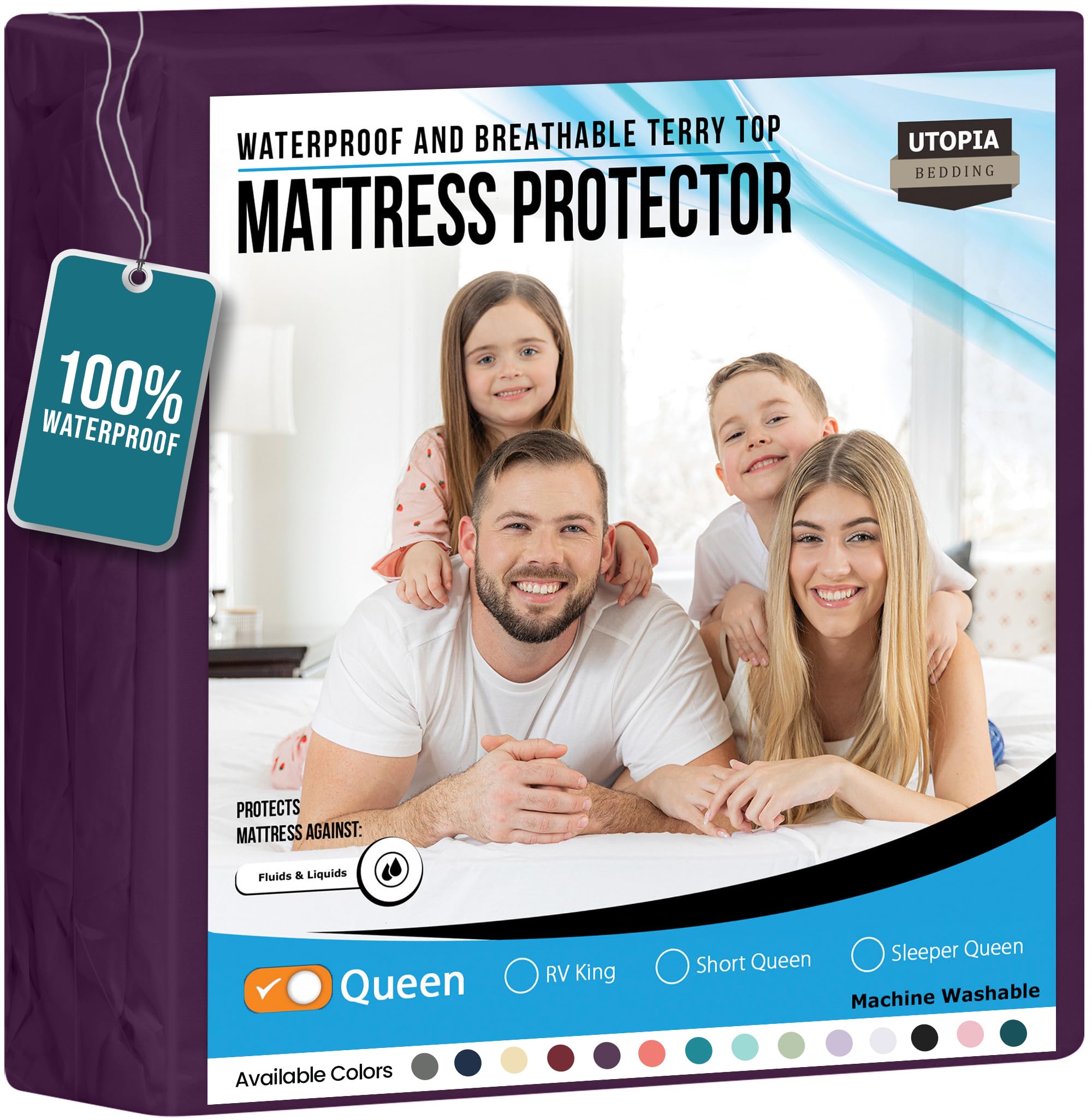 Utopia Bedding Waterproof Mattress Protector Queen Size, Premium Terry Mattress Cover 200 GSM, Breathable, Fitted Style with Stretchable Pockets (Purple)