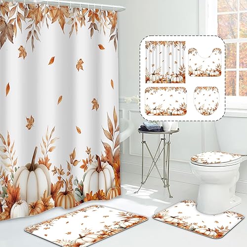 MEHOFOND Juego de 4 cortinas de ducha de otoño con hojas de arce y calabaza, hojas de otoño, cosecha, Acción de Gracias, acuarela, decoración de