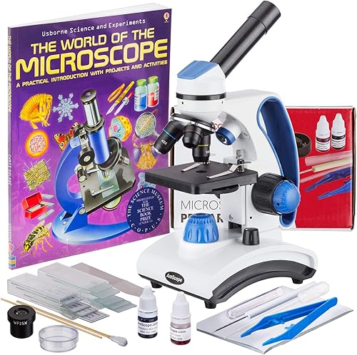 AmScope - Juego de Microscopio Deluxe para Estudiantes - 40X-1000X Luz Dual, Lente de Cristal, Microscopio Compuesto con Marco de Metal +