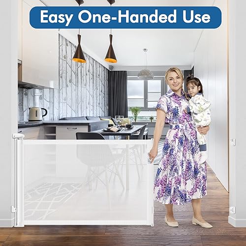 Miniatura 6 de Puertas para bebés de 85 pulgadas extra anchas y retráctiles mejoradas, para puertas, puertas para perros de 35 pulgadas de alto, para la casa,