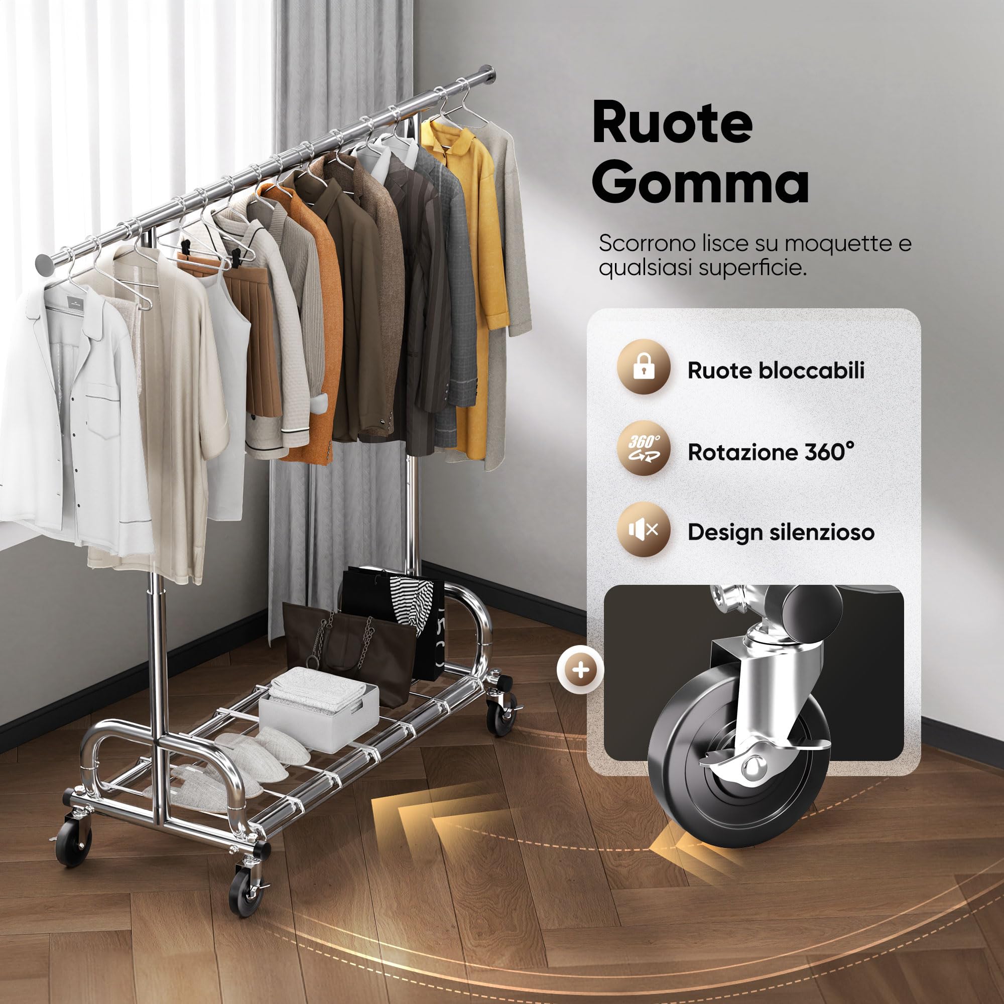 HOKEEPER Appendiabiti da Terra Resistente con Copertura Antipolvere, Barra Estensibile e Altezza Regolabile con Ruote Bloccabili, Salvaspazio per Camera da Letto, Appartamento Piccolo, Lavandería | Terra Resistente 204kg, con Ruote Bloccabili, Salvaspazio
