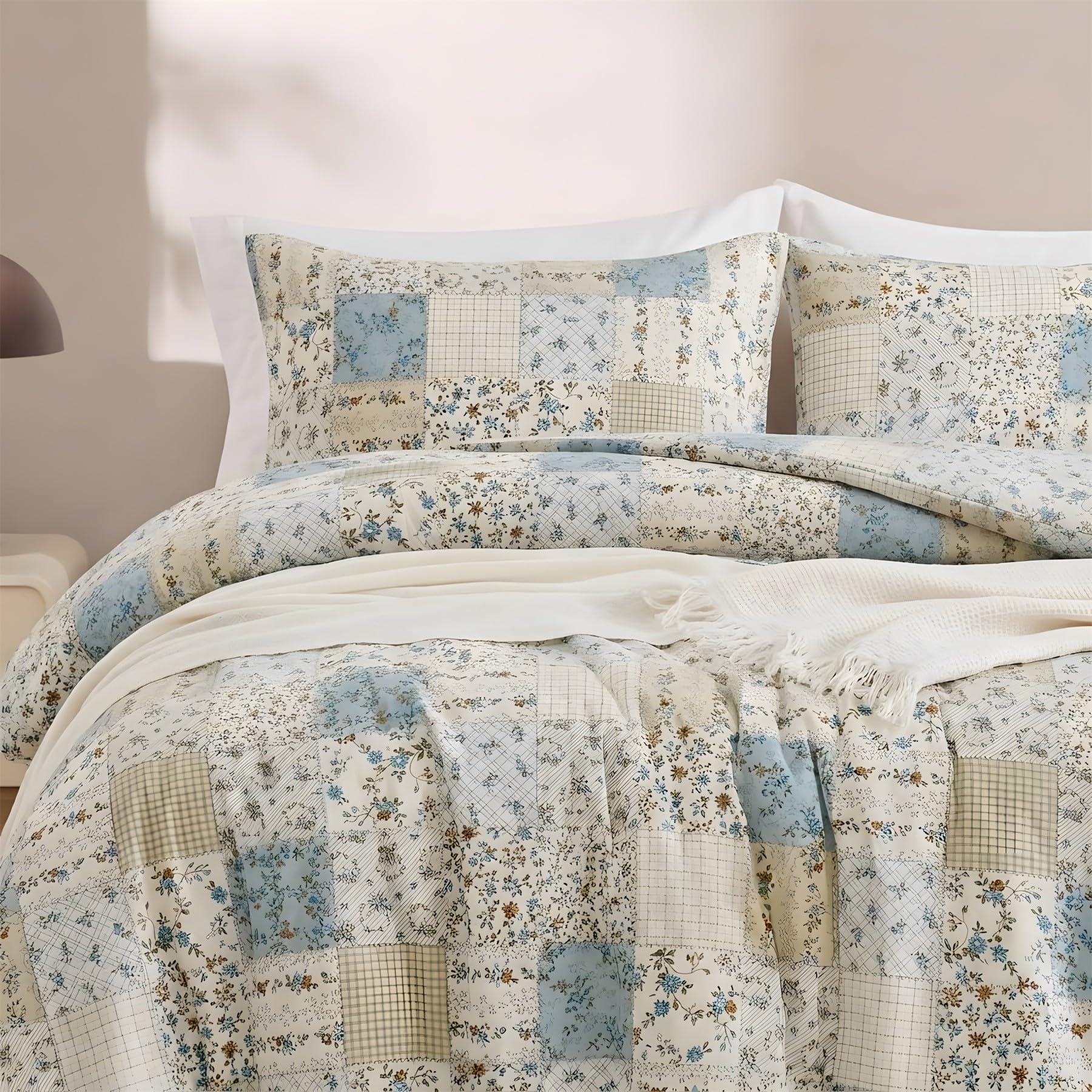 Housse de Couette 90x190 Treillage Floral Bleu-Vert avec 2 Taies d'Oreiller QF362