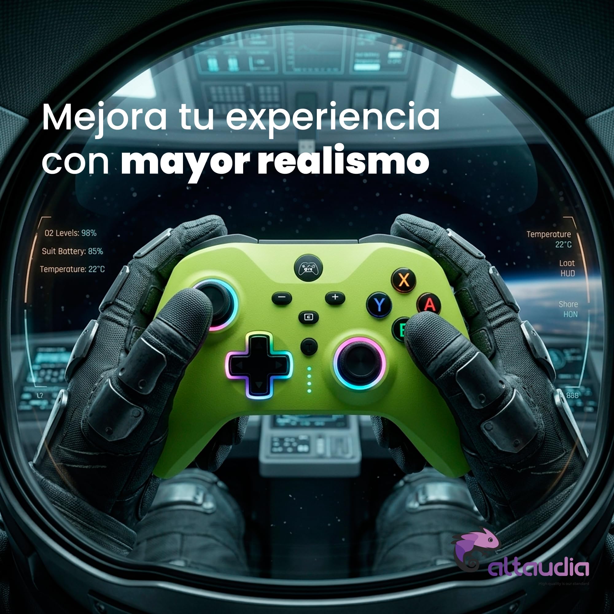 Altaudia Mando Inalámbrico Bluetooth para PC - Compatible con PC, Switch/Smartphone Android y iOS, Conexión USB, 2 Botones Macro, Vibración Dual, 6 Ejes, Luces LED RGB, Color Verde