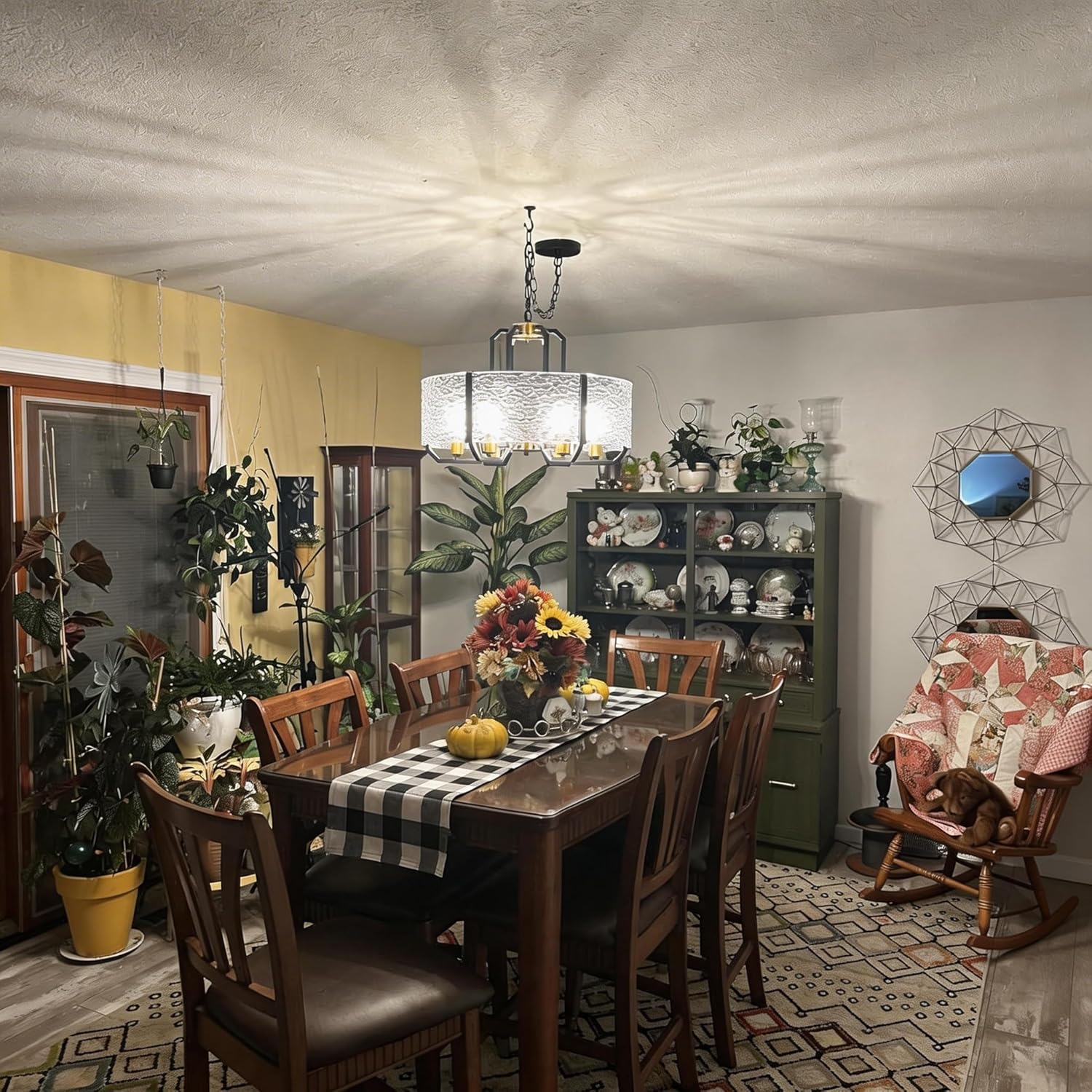 COCOSTAR Modern Glass Drum Chandeliers for Dining Room,6 Lights Farmhouse Crystal Chandelier,24" Vintage Foyer Lighting Fixtures,Black and Gold Pendant Lights for Kitchen Island,Bedroom,Living Room