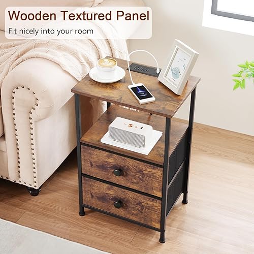 Miniatura 8 de Juego de 2 mesitas de noche con estación de carga, mesas auxiliares con estante de almacenamiento para espacios pequeños, mesas auxiliares con 2